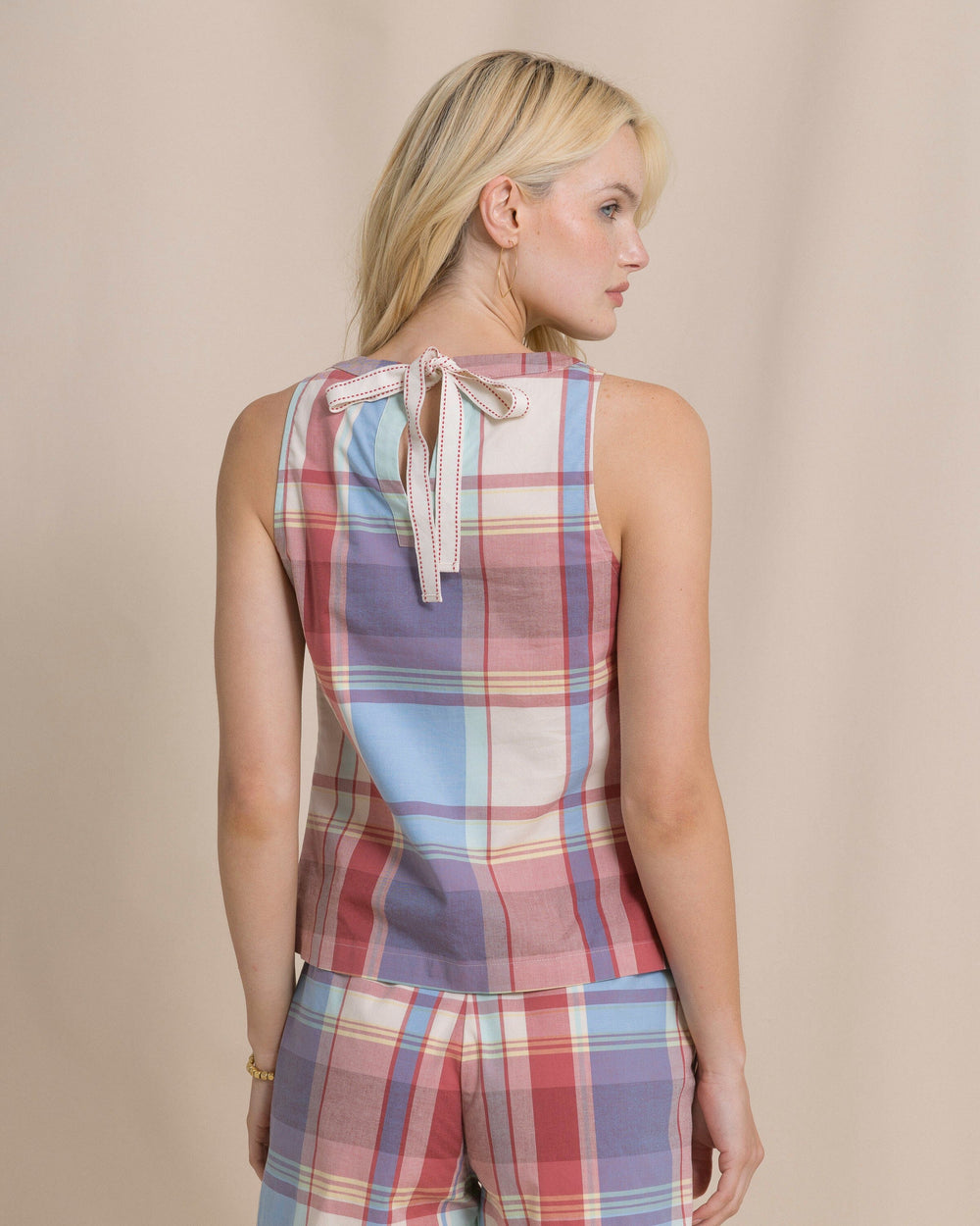 The detail back view of the Southern Tide Carissa Madras Tank by Southern Tide - White Sand