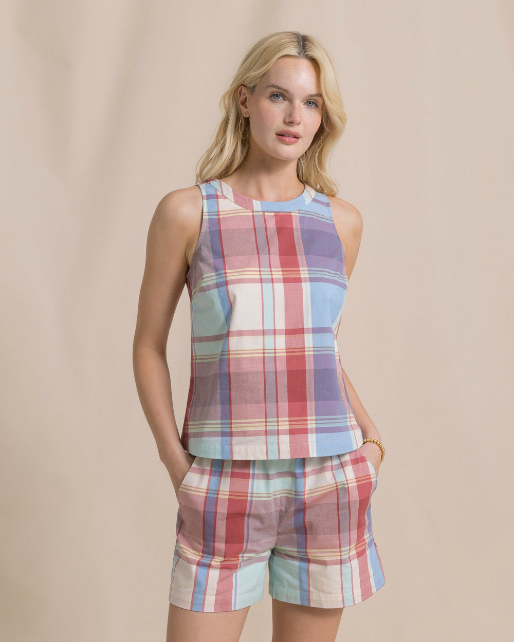 The front view of the Southern Tide Carissa Madras Tank by Southern Tide - White Sand