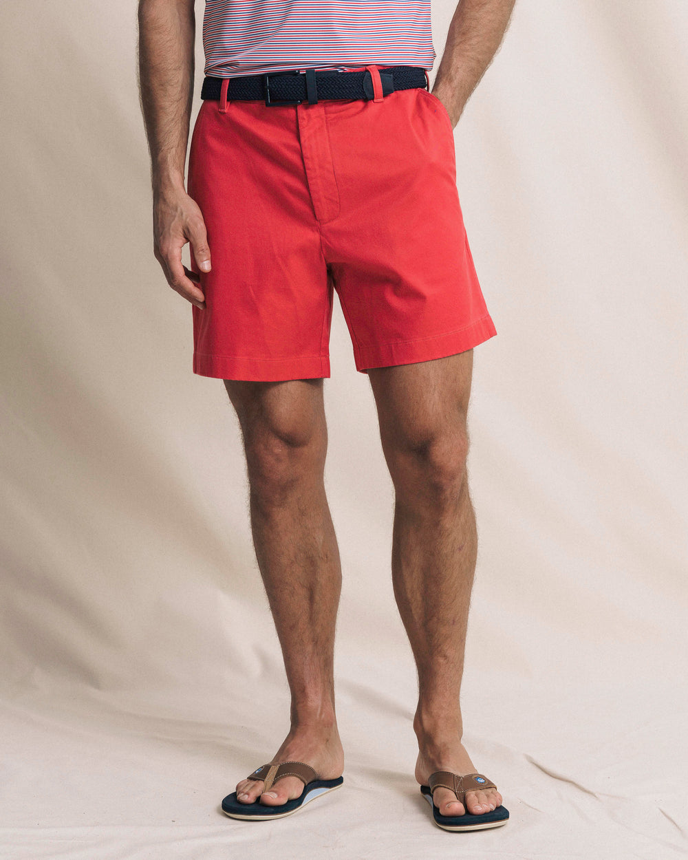 The front view of the Southern Tide Channel Marker 7" Stretch Chino Short by Southern Tide - Claret Red