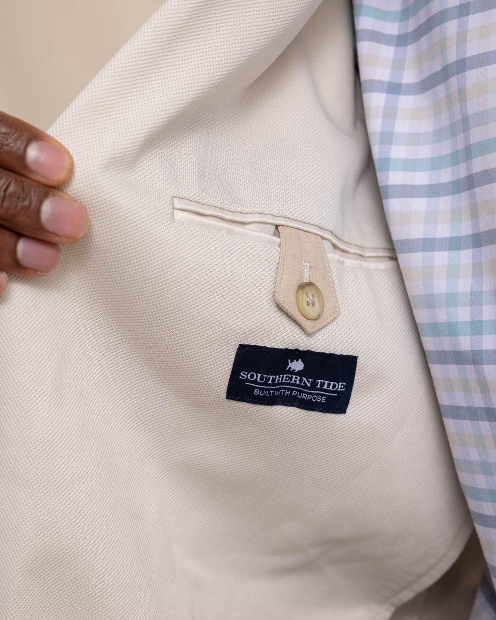 The detail view of the Southern Tide Charleston Blazer by Southern Tide - Perfectly Pale Khaki