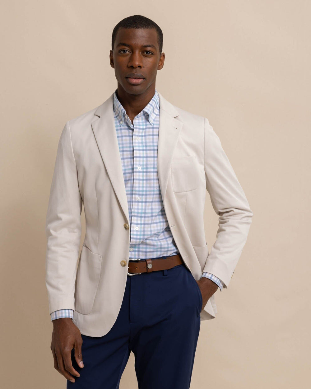 The front view of the Southern Tide Charleston Blazer by Southern Tide - Perfectly Pale Khaki