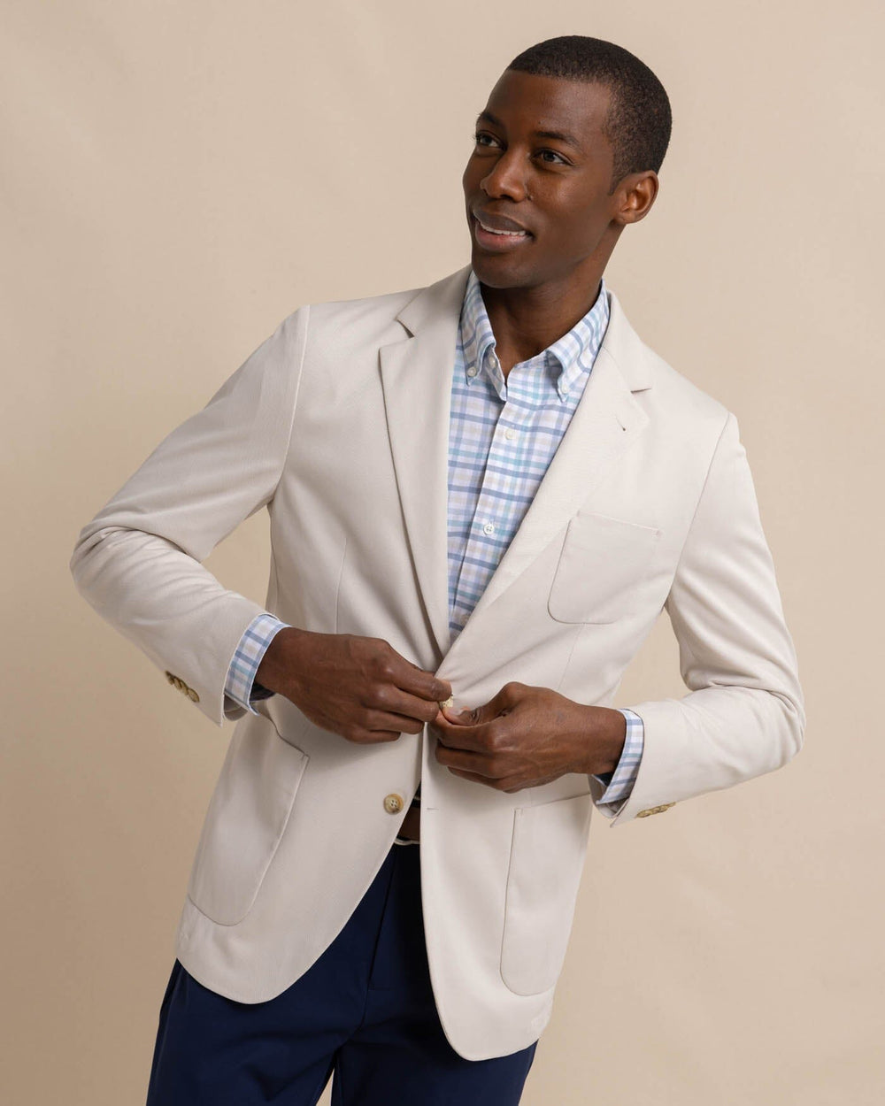 The front view of the Southern Tide Charleston Blazer by Southern Tide - Perfectly Pale Khaki