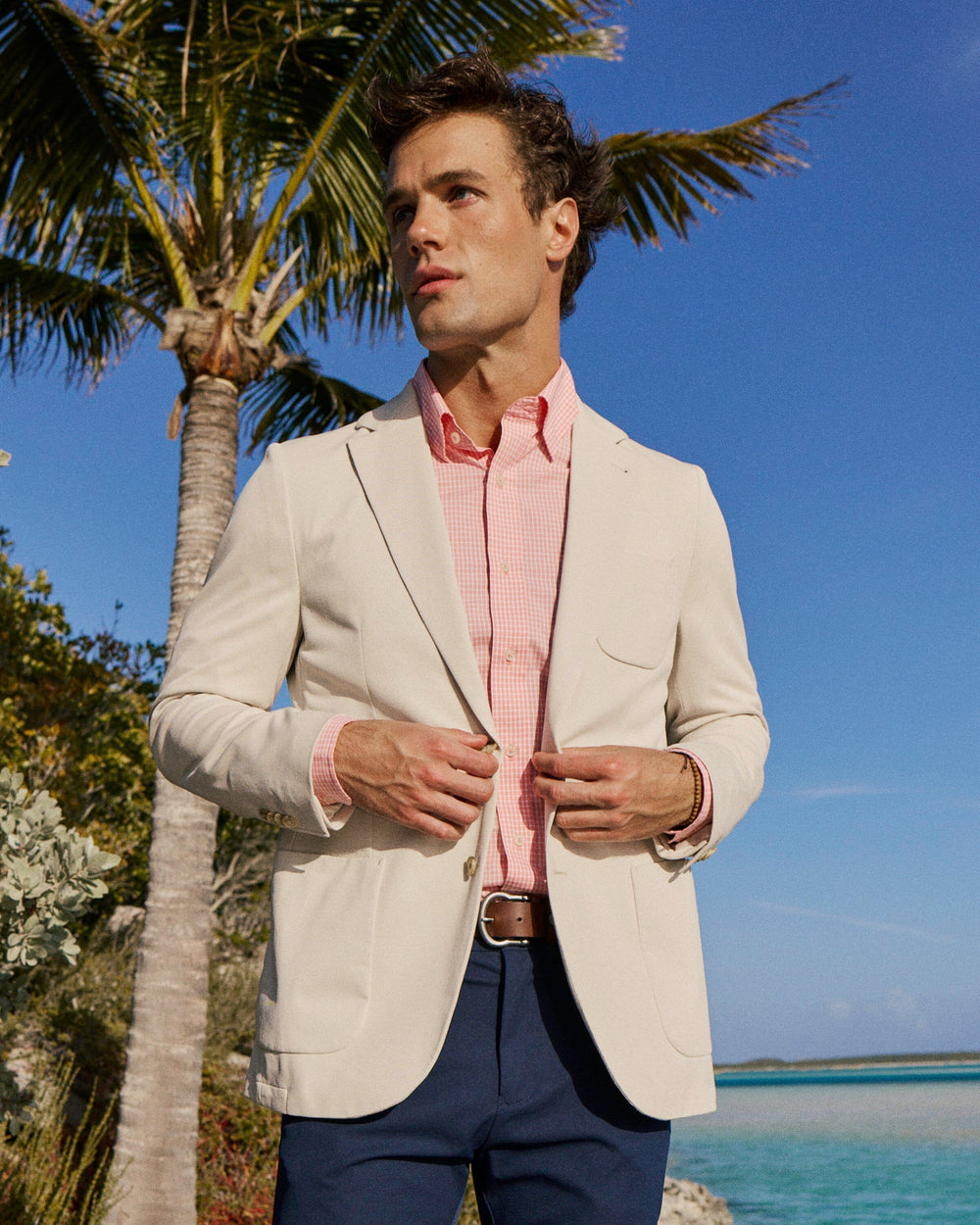 The lifestyle view of the Southern Tide Charleston Blazer by Southern Tide - Perfectly Pale Khaki