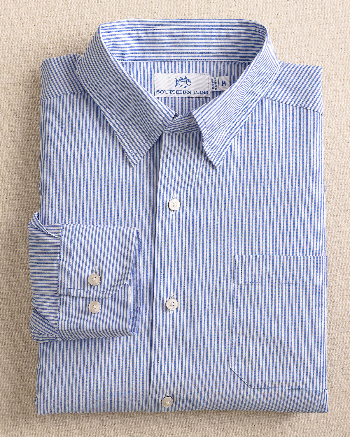 The front view of the Southern Tide Charleston Granby Stripe Long Sleeve Sport Shirt by Southern Tide - Cobalt Blue