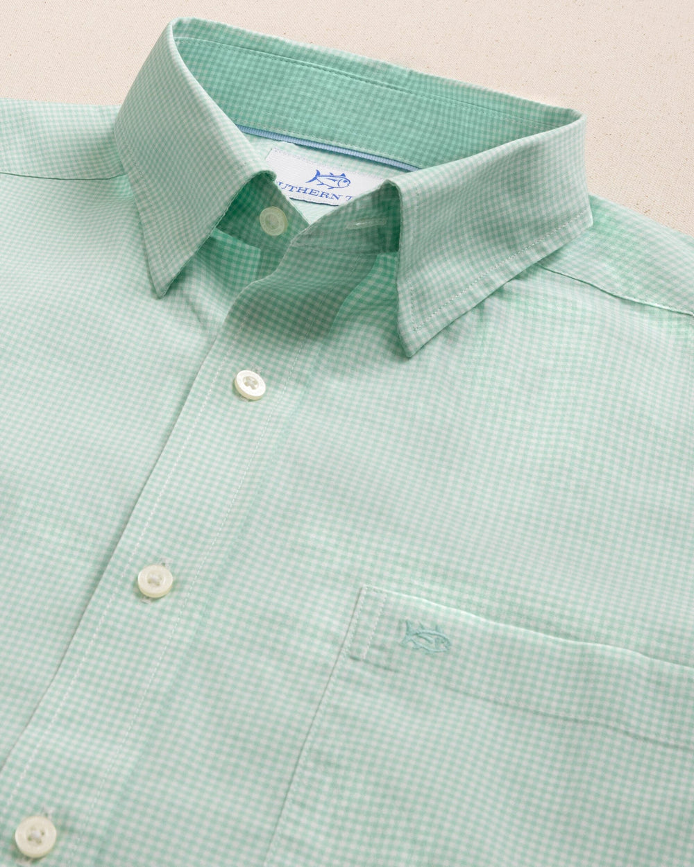 The detail view of the Southern Tide Charleston Parkwood Microgingham Long Sleeve Sport Shirt by Southern Tide - Garden Grove