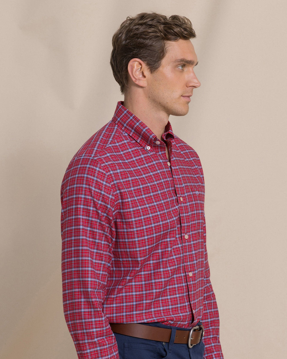 The side view of the Southern Tide Chimney Creek Skipjack Sport Shirt by Southern Tide - Salsa Red