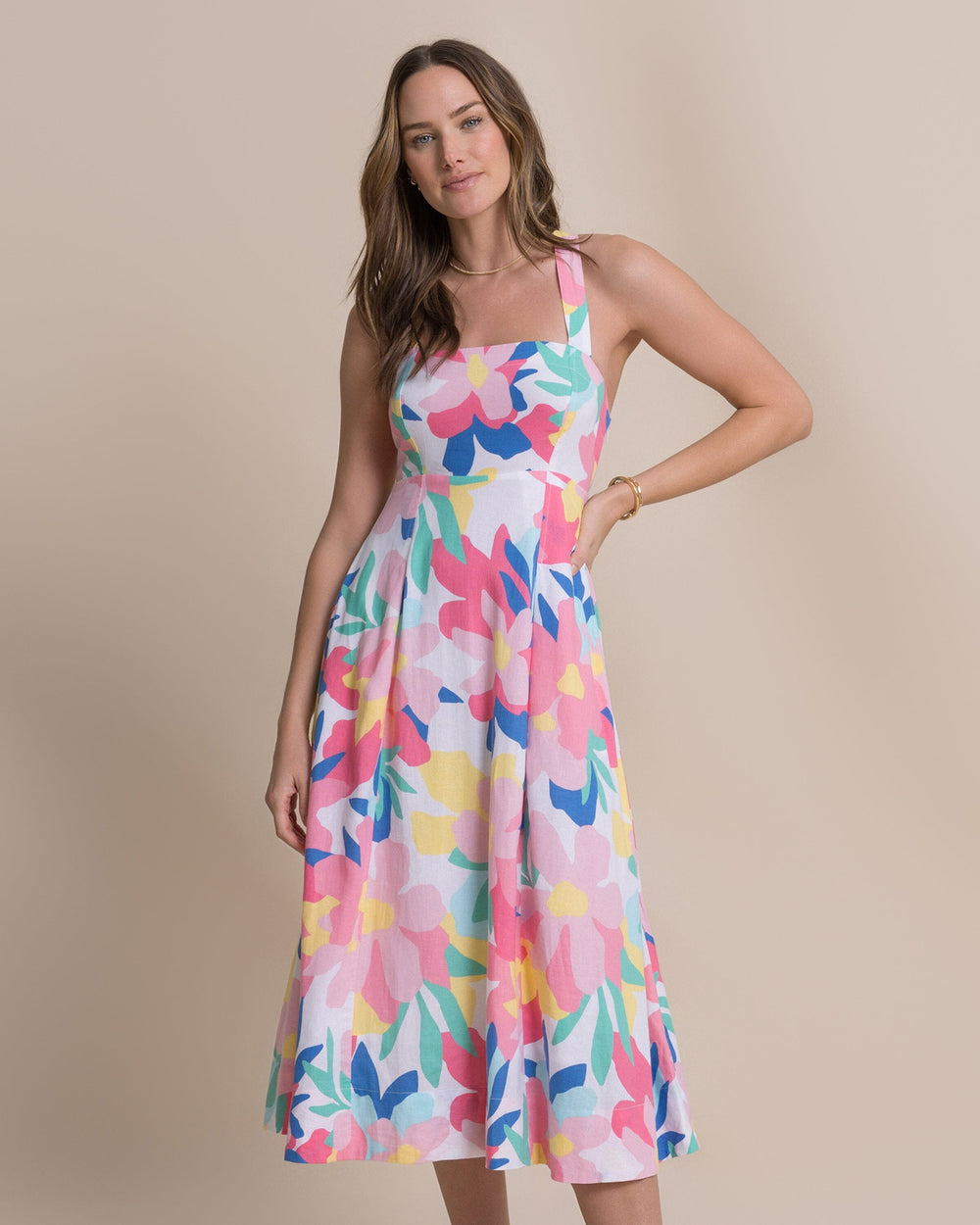 The front view of the Southern Tide Cinzia Printed Cross Strap Dress by Southern Tide - Classic White