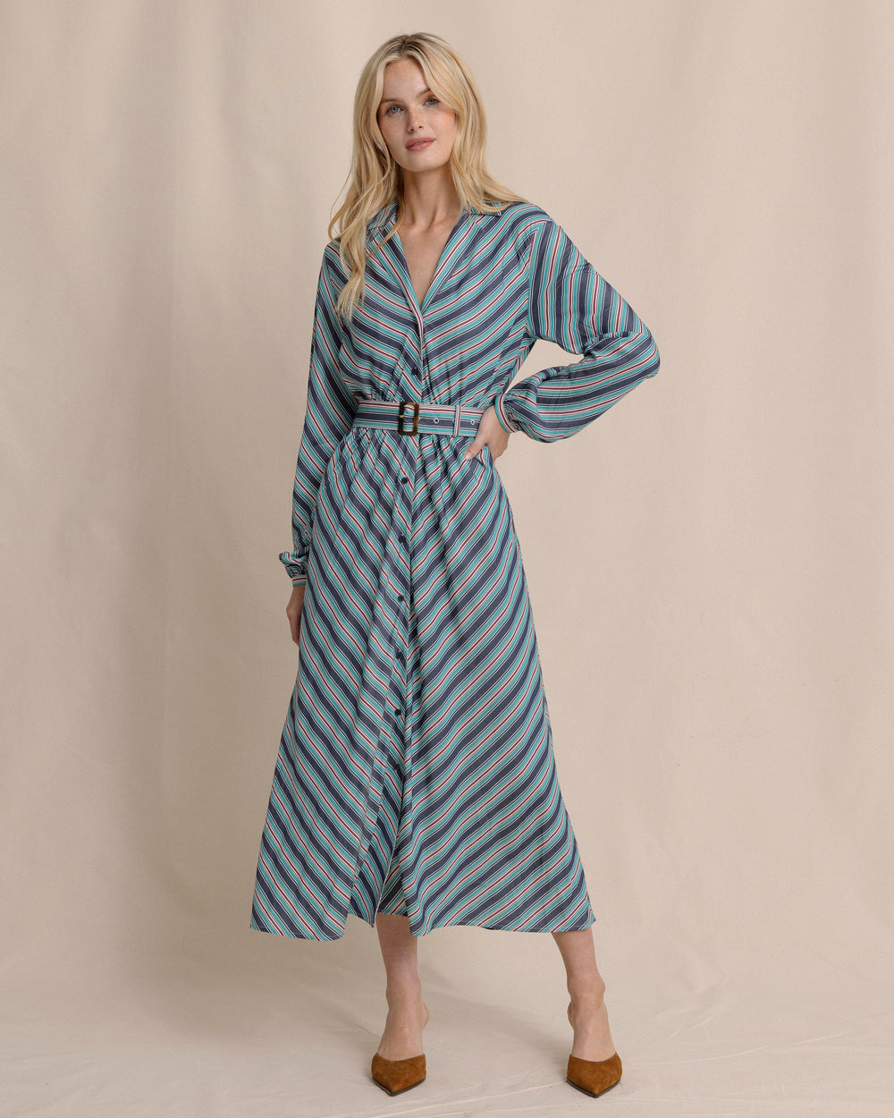 The front view of the Southern Tide Clarissa Stripe Maxi Dress by Southern Tide - Dress Blue