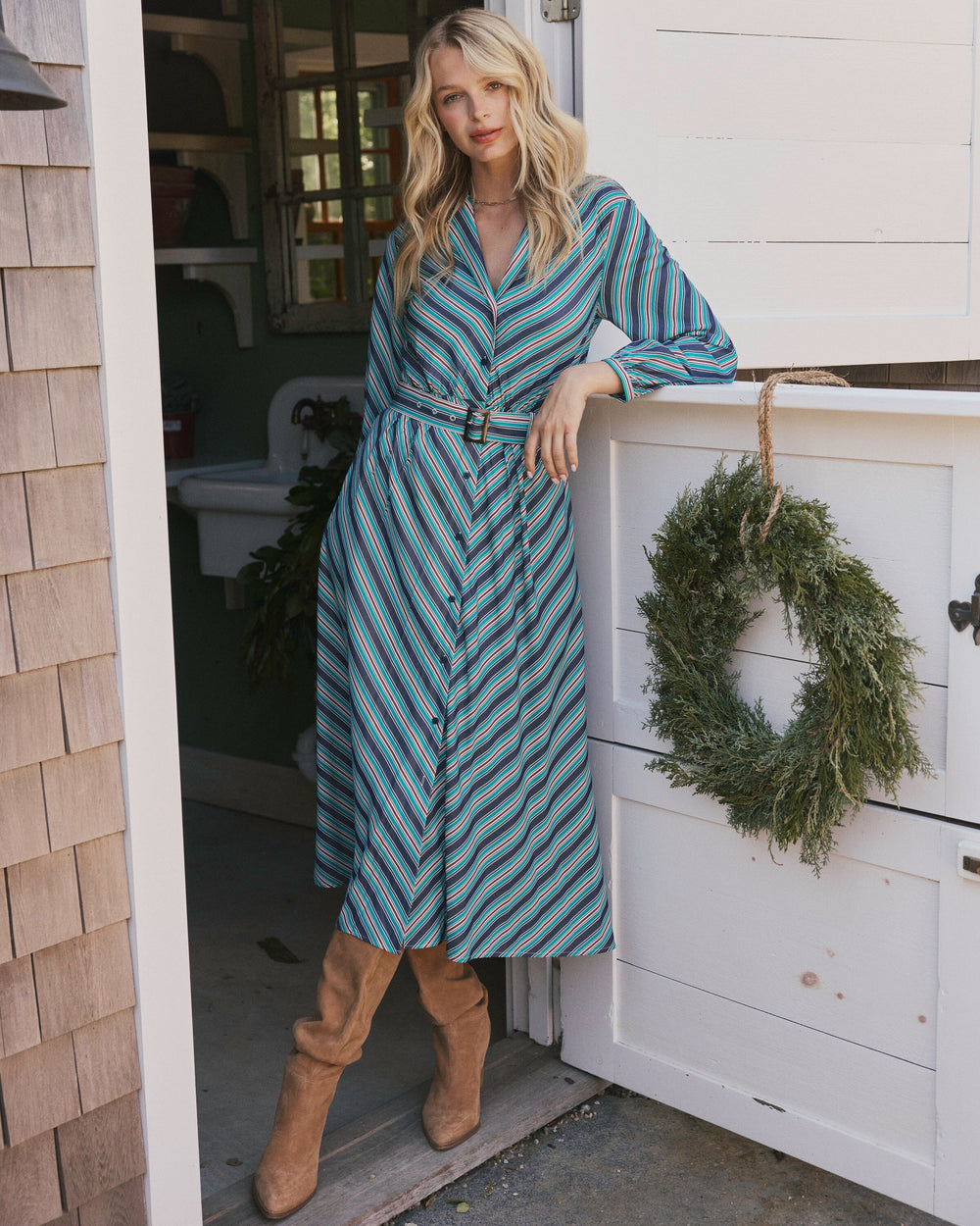The lifestyle view of the Southern Tide Clarissa Stripe Maxi Dress by Southern Tide - Dress Blue