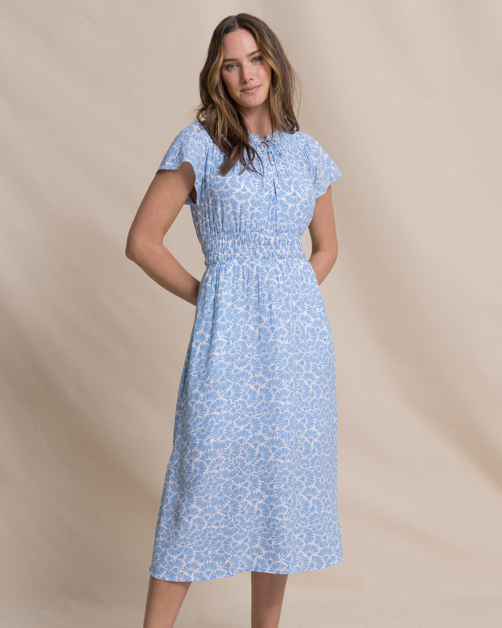 The front view of the Southern Tide Clementine Flutter Sleeve Midi Dress by Southern Tide - Ocean Channel