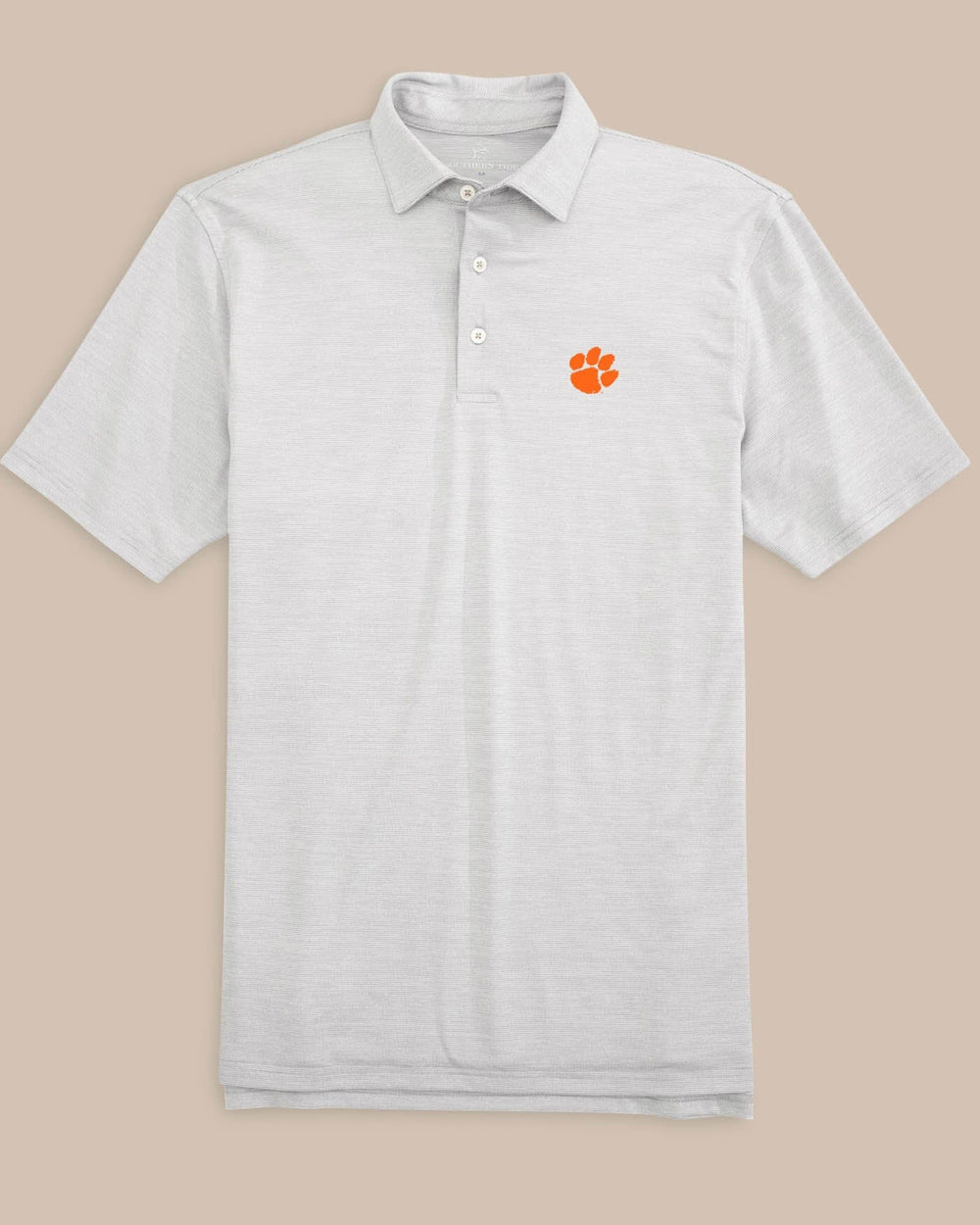 The front view of the Clemson Tigers Driver Spacedye Polo Shirt by Southern Tide - Slate Grey