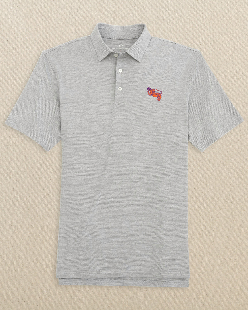 The front view of the Southern Tide Clemson Gentleman Tiger Driver Spacedye Polo by Southern Tide - Black