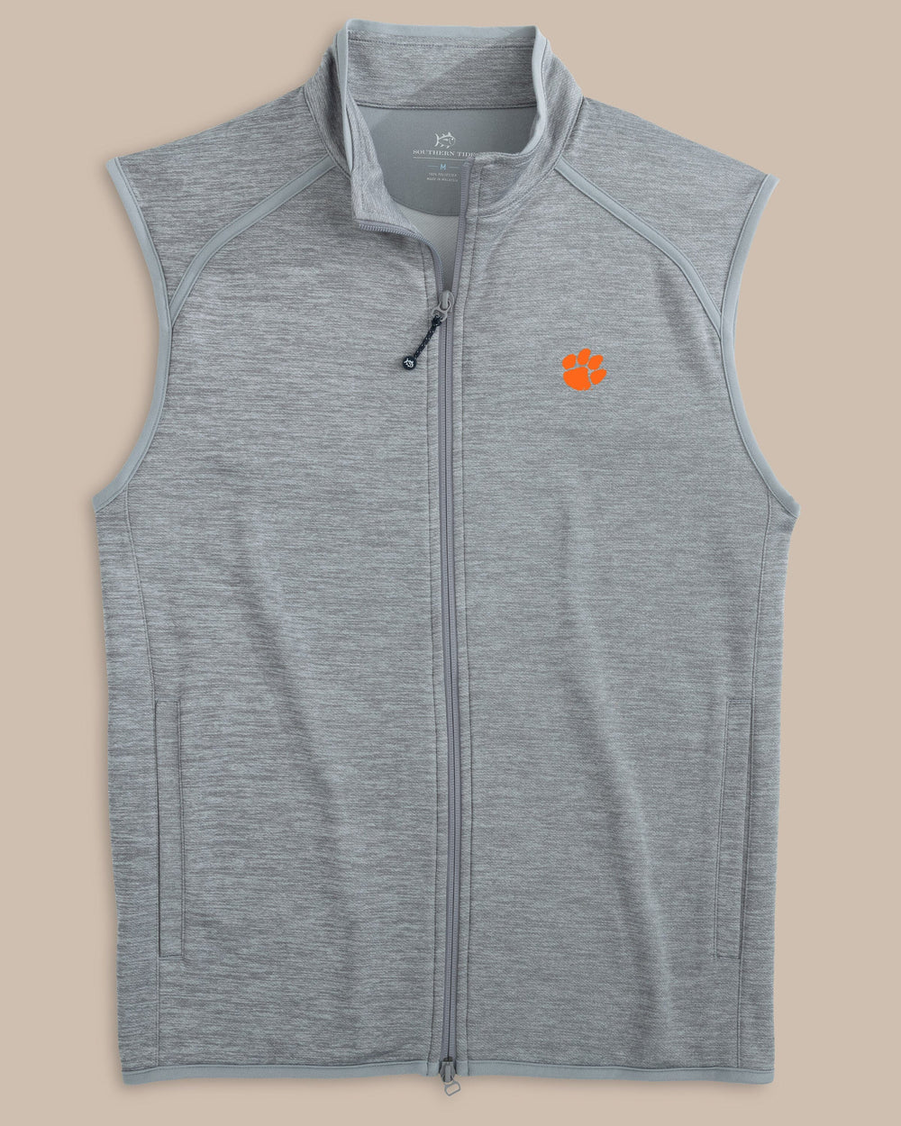 The front view of the Clemson Tigers Baybrook Heather Vest by Southern Tide - Heather Ultimate Grey