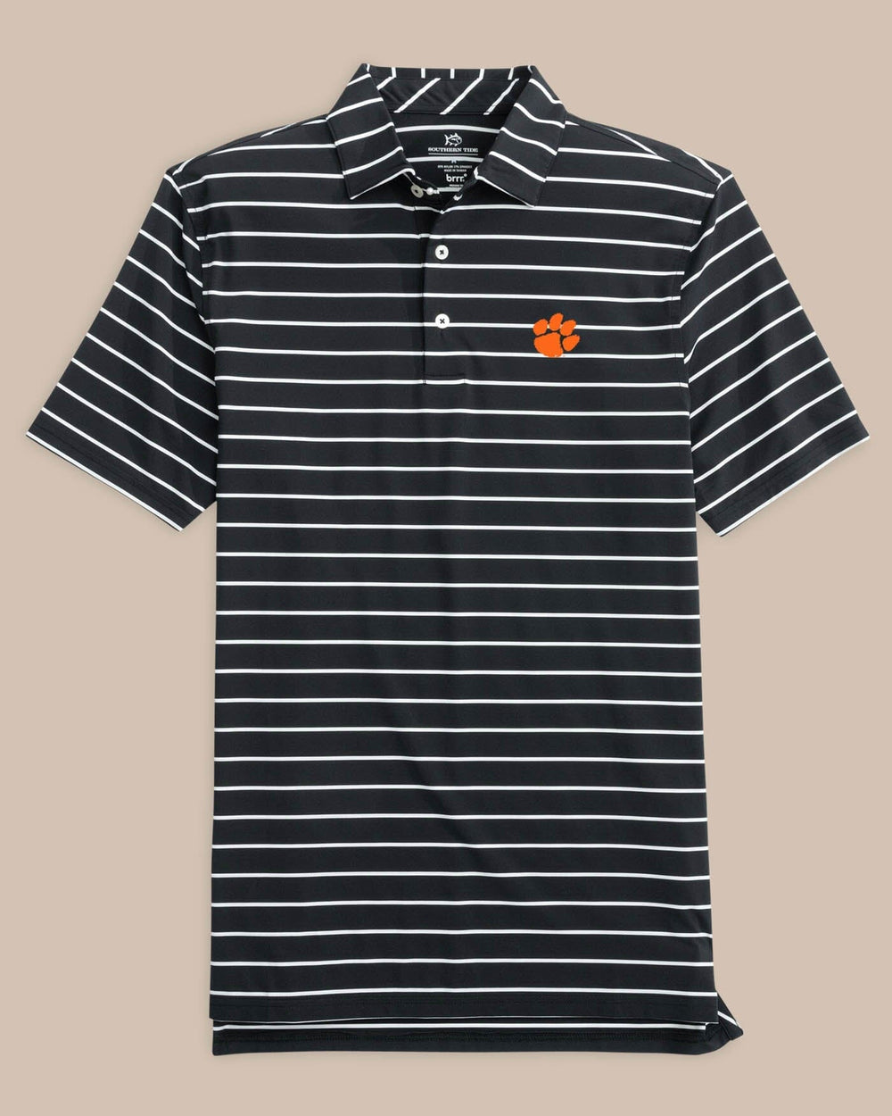 The front view of the Southern Tide Clemson Tigers brrr°®-eeze Desmond Stripe Polo by Southern Tide - Black