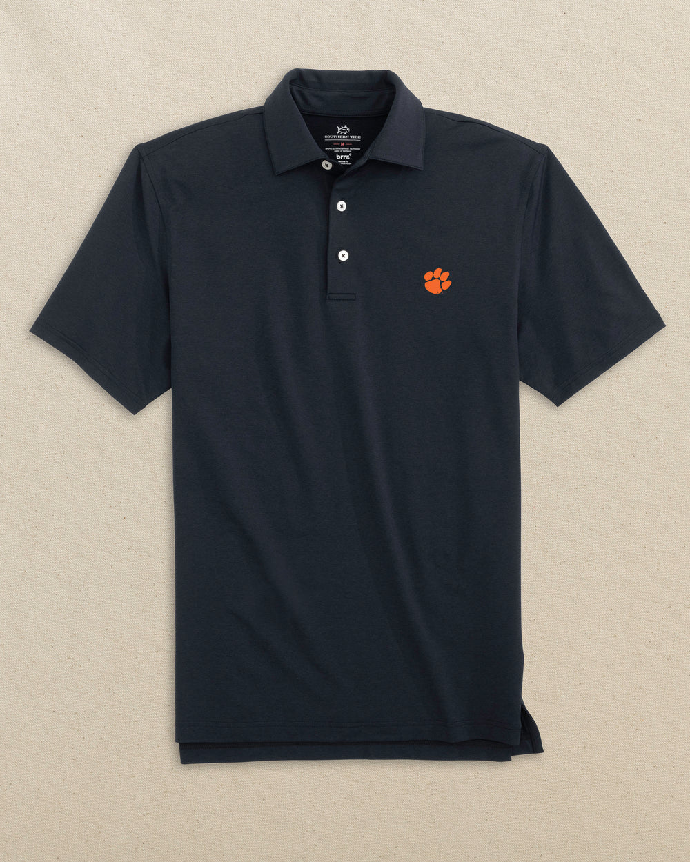 The front view of the Southern Tide Clemson Tigers brrr°®-eeze Heather Performance Polo by Southern Tide - Heather Caviar Black