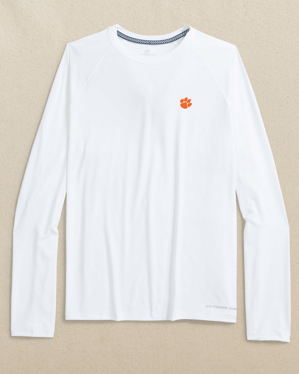 The front view of the Southern Tide Clemson Tigers brrr°®-illiant Performance Long Sleeve T-Shirt by Southern Tide - Classic White