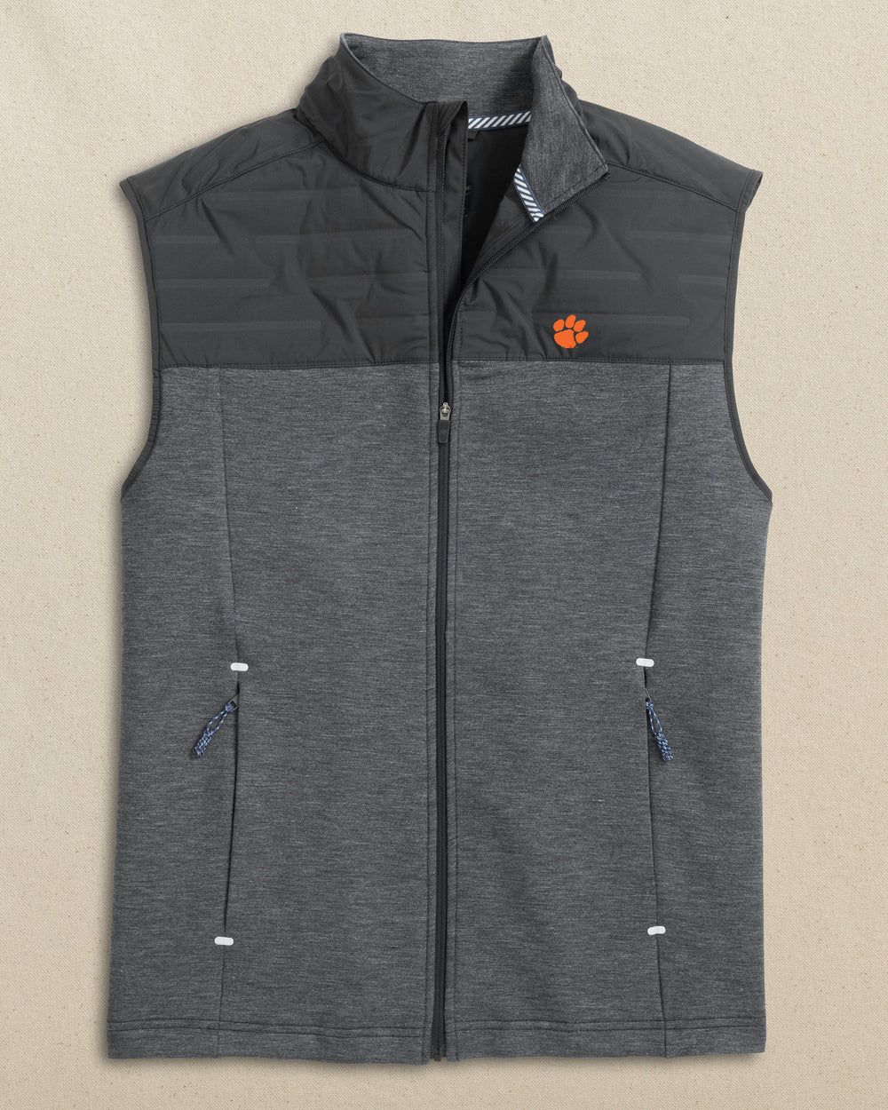 The front view of the Southern Tide Clemson Tigers Coligny Quilted Vest by Southern Tide - Caviar Black