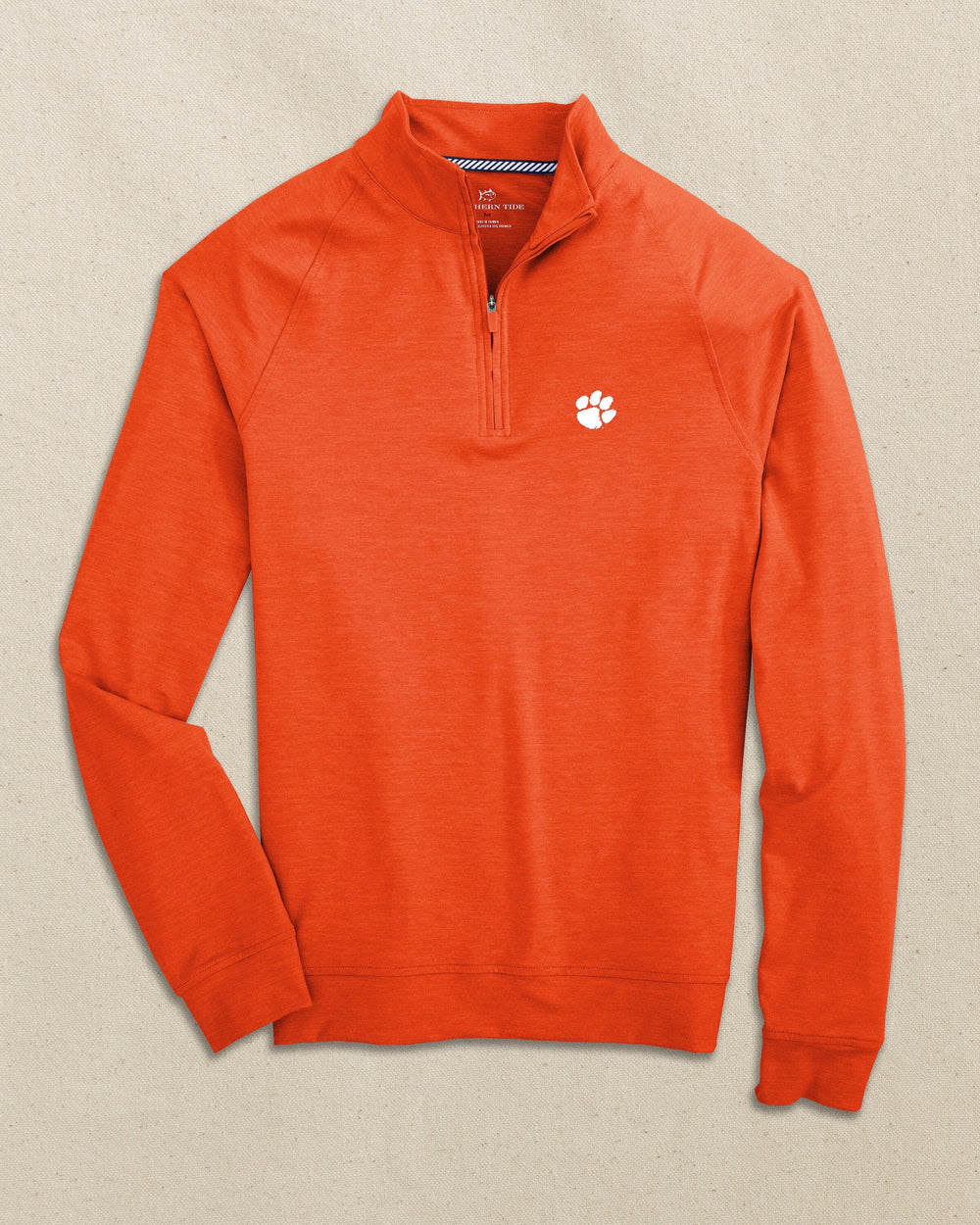 The front view of the Clemson Tigers Cruiser Heather Quarter Zip Pullover by Southern Tide - Heather Endzone Orange