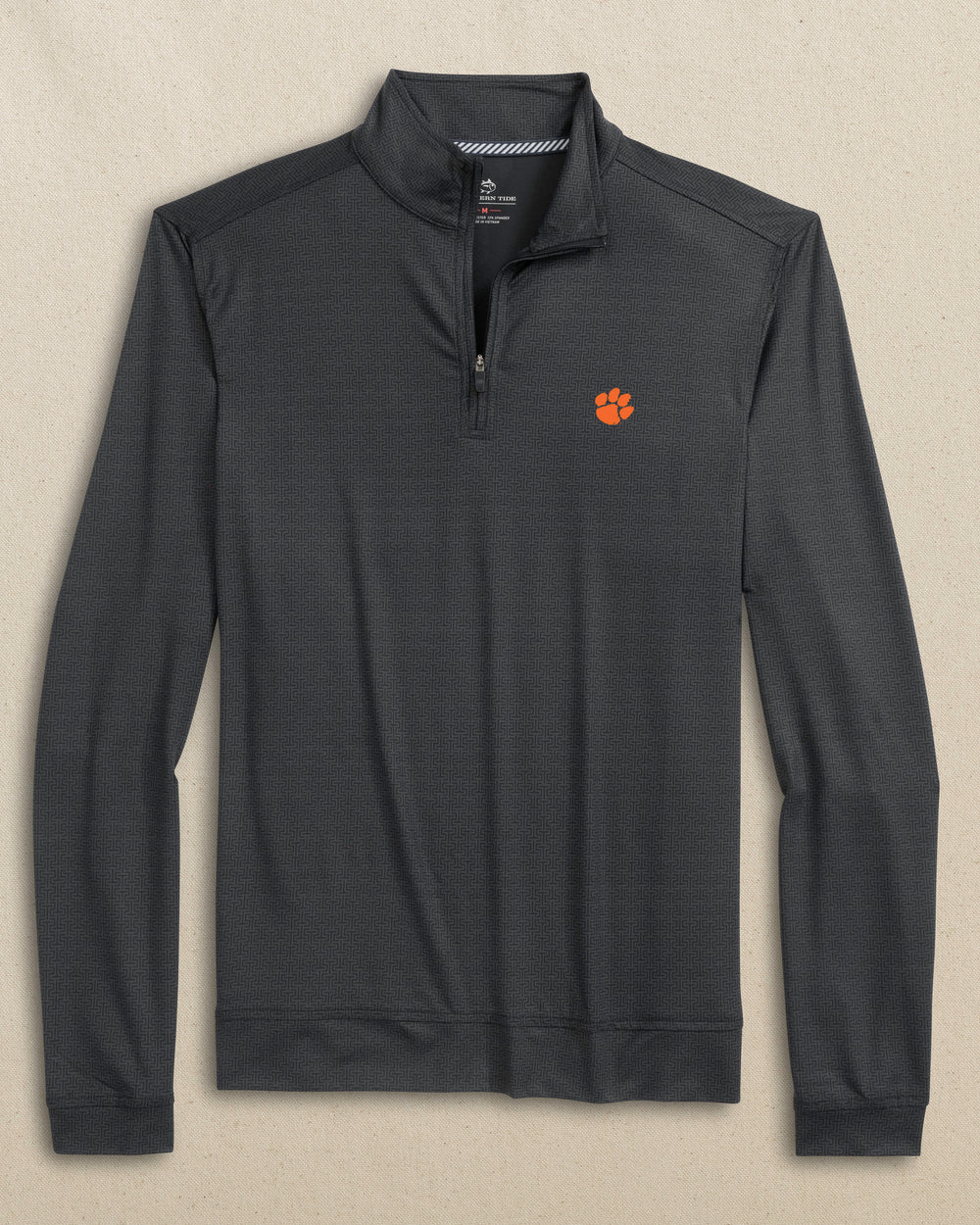 The front view of the Southern Tide Clemson Tigers Cruiser ST Geo Printed Quarter Zip by Southern Tide - Caviar Black