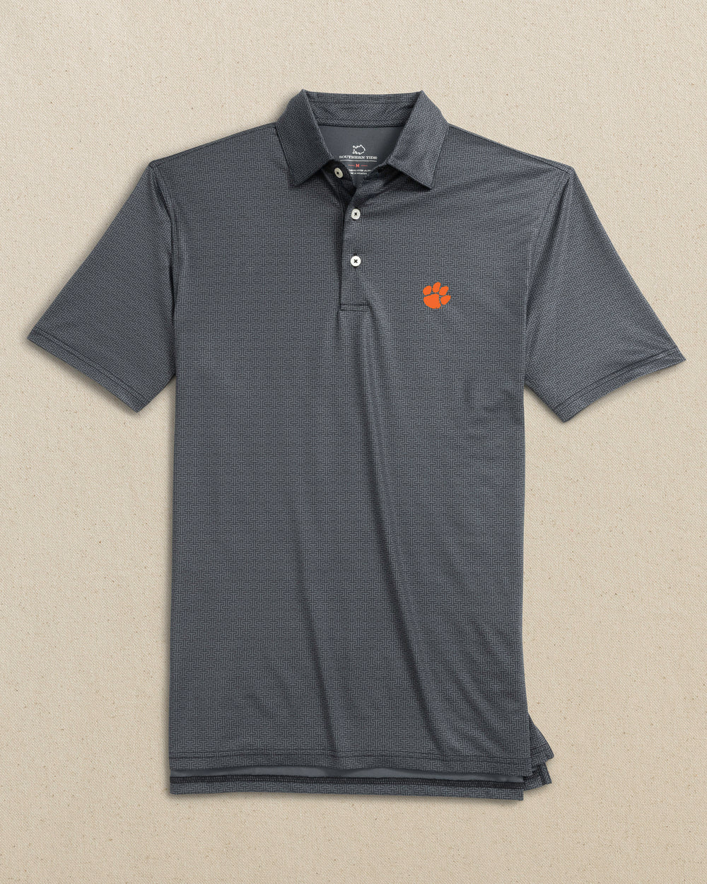 The front view of the Southern Tide Clemson Tigers Driver ST Geo Printed Polo by Southern Tide - Caviar Black