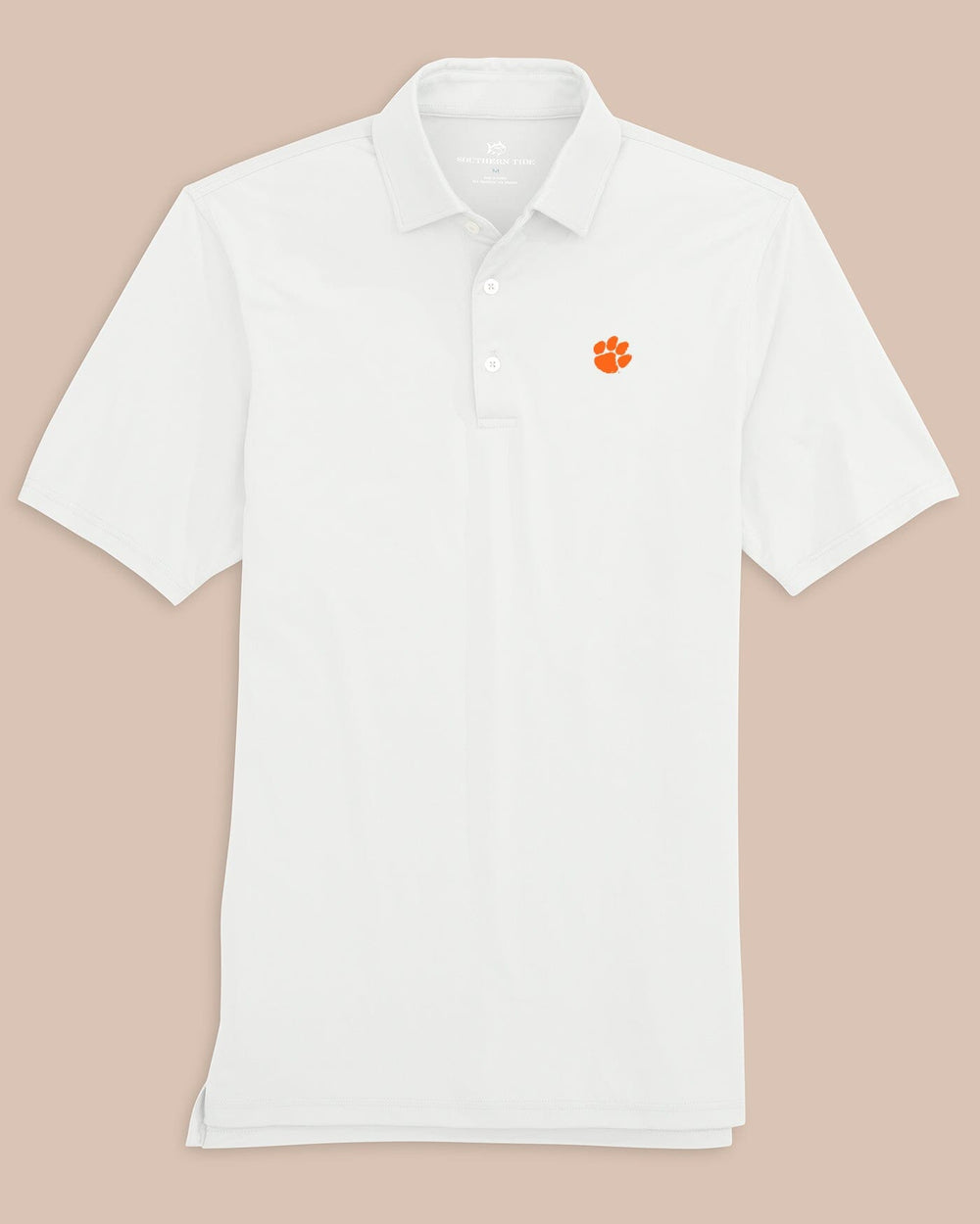 The front view of the Clemson Tigers Ryder Polo Shirt by Southern Tide - Classic White