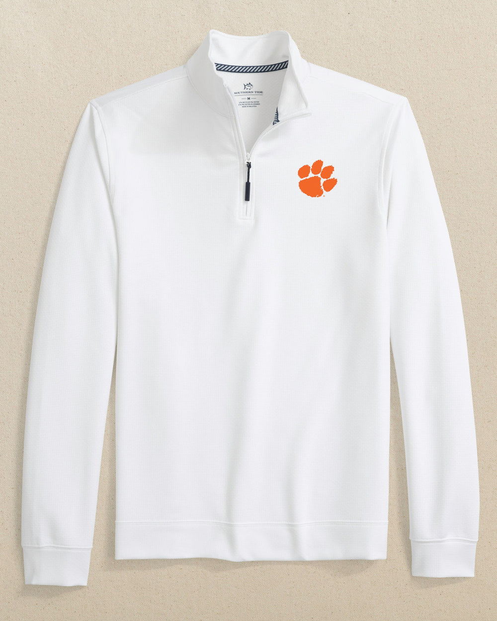 The front view of the Southern Tide Clemson Tigers Schooner Quarter Zip by Southern Tide - Classic White