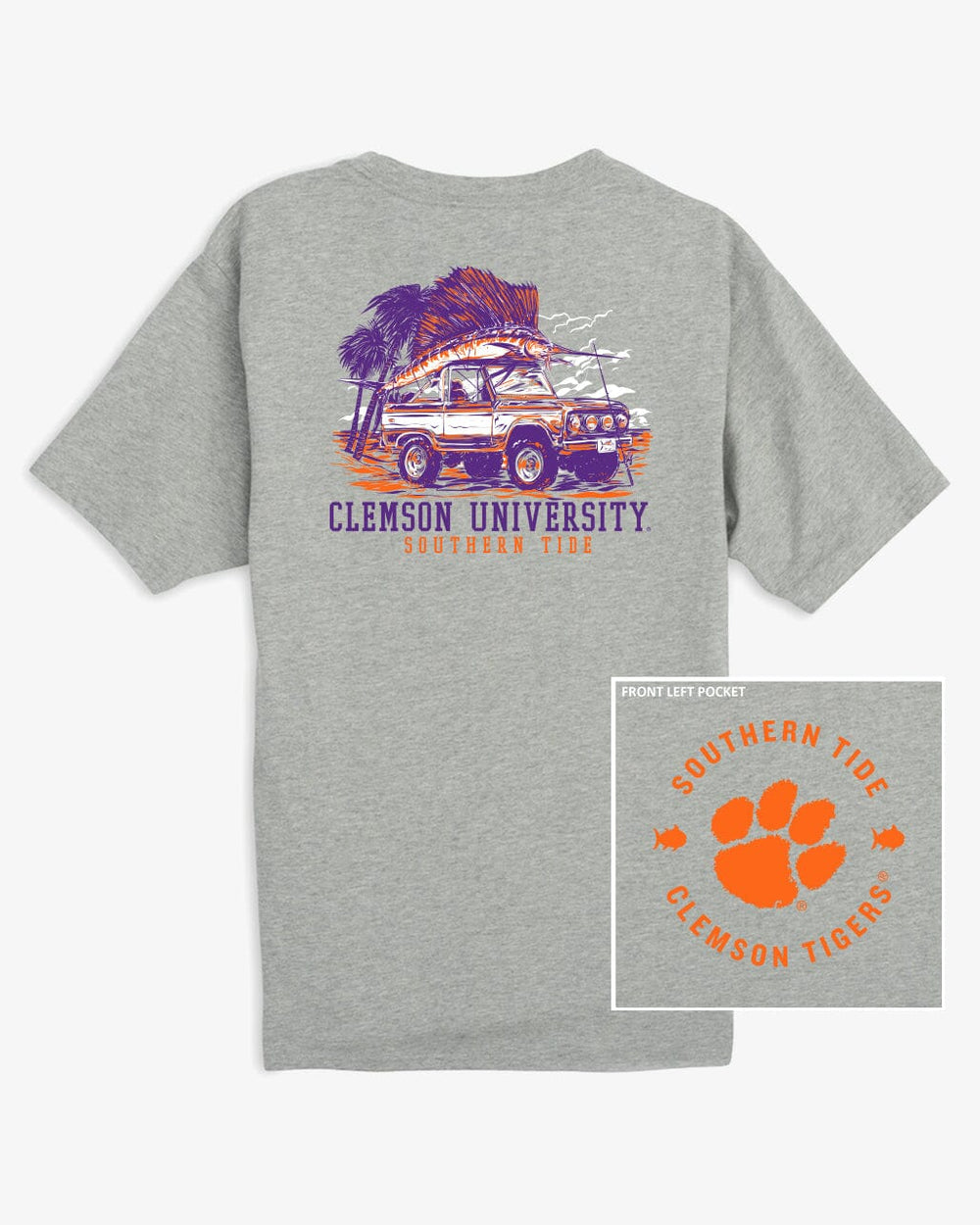 The back view of the Clemson Tigers Trophy Catch Heather T-Shirt by Southern Tide - Heather Grey