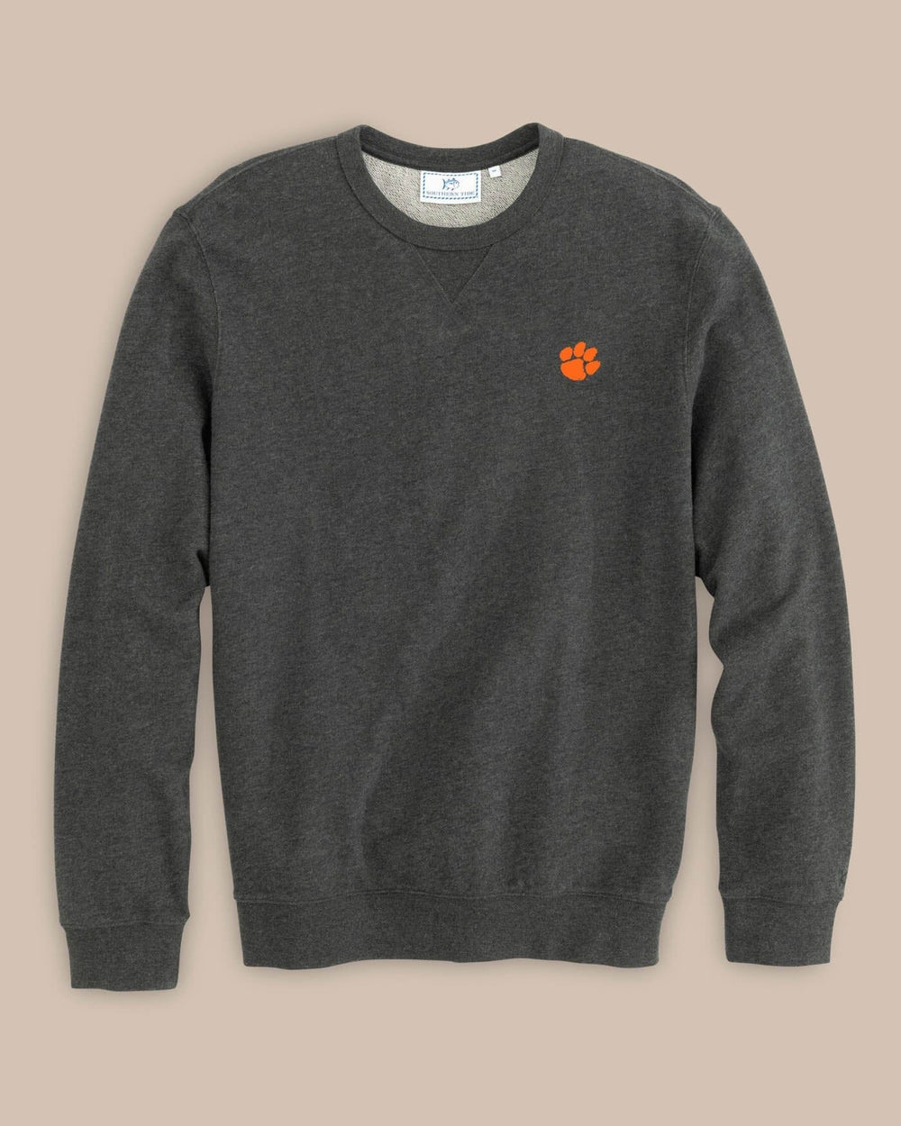 The front view of the Southern Tide Clemson Tigers Upper Deck Crew Neck Pullover Sweatshirt - Heather Black