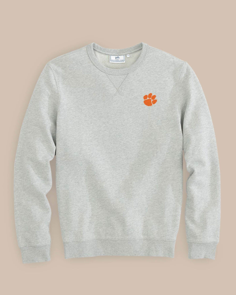 The front view of the Southern Tide Clemson Tigers Upper Deck Pullover Sweatshirt - Heather Slate Grey