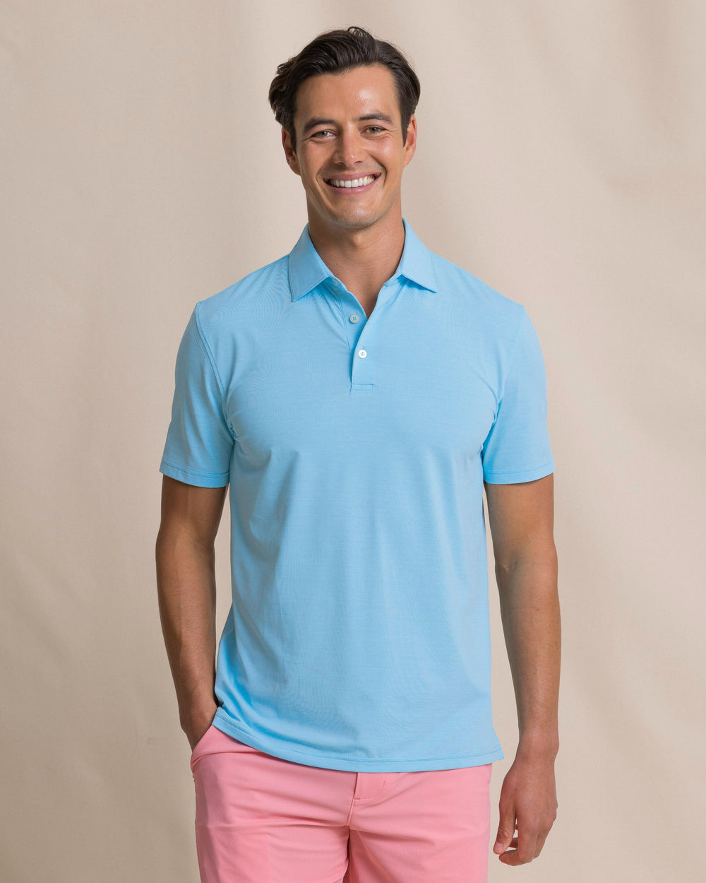 The front view of the Southern Tide Coastal Breeze® Heather Performance Polo by Southern Tide - Heather Ocean Channel