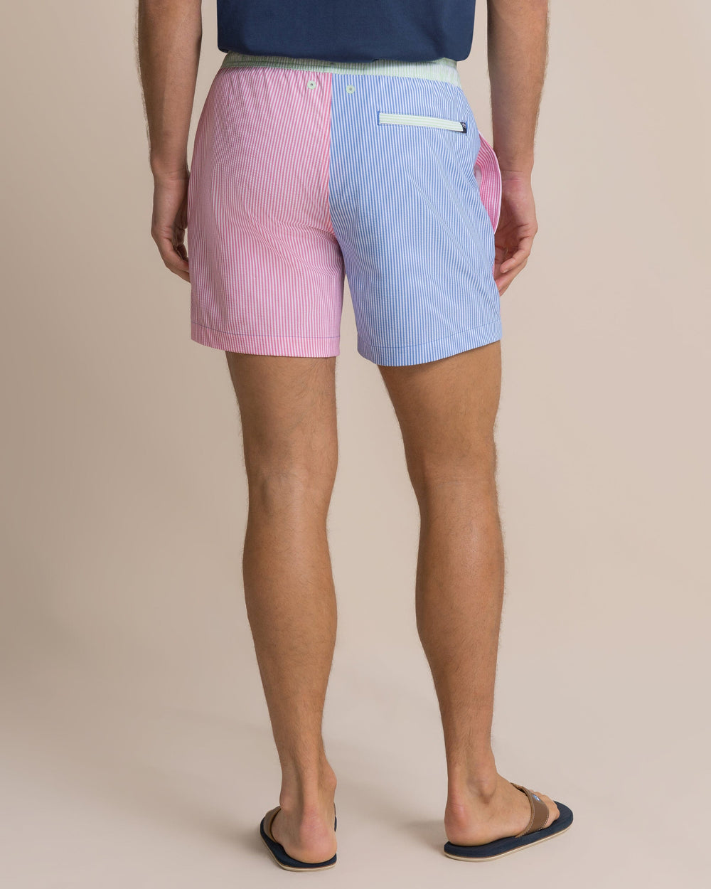 The back view of the Southern Tide Colorblock Seersucker Stripe Maritime Swim Trunk by Southern Tide - Blue Stream