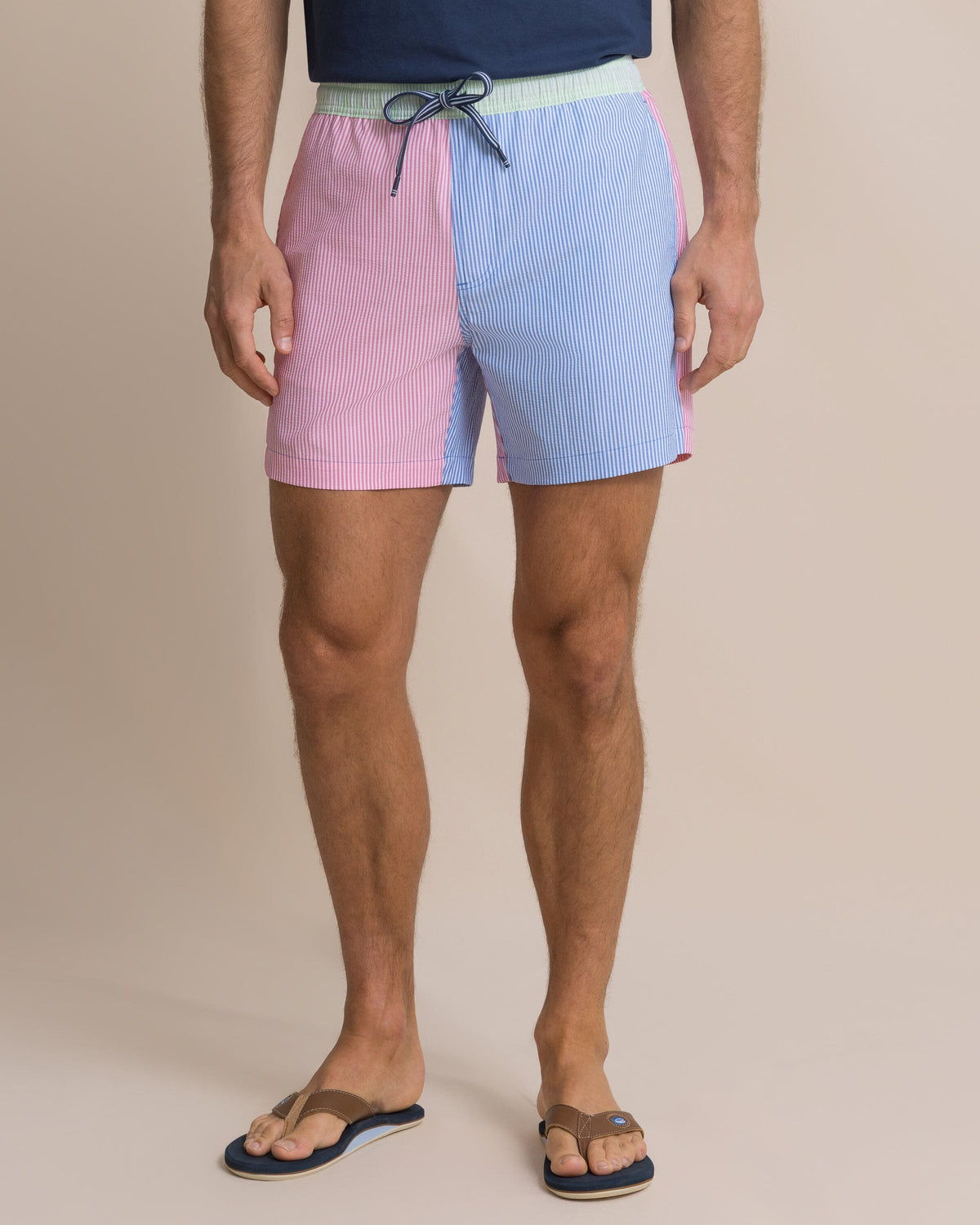The front view of the Southern Tide Colorblock Seersucker Stripe Maritime Swim Trunk by Southern Tide - Blue Stream