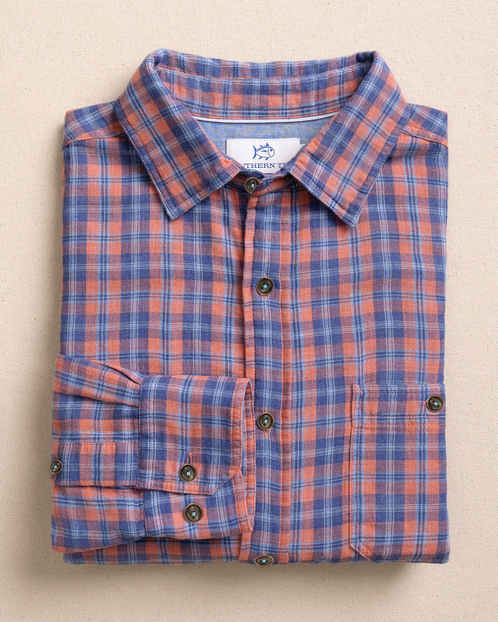 The front view of the Southern Tide Coral Cove Heather Double Cloth Sport Shirt by Southern Tide - Heather Coral Beach