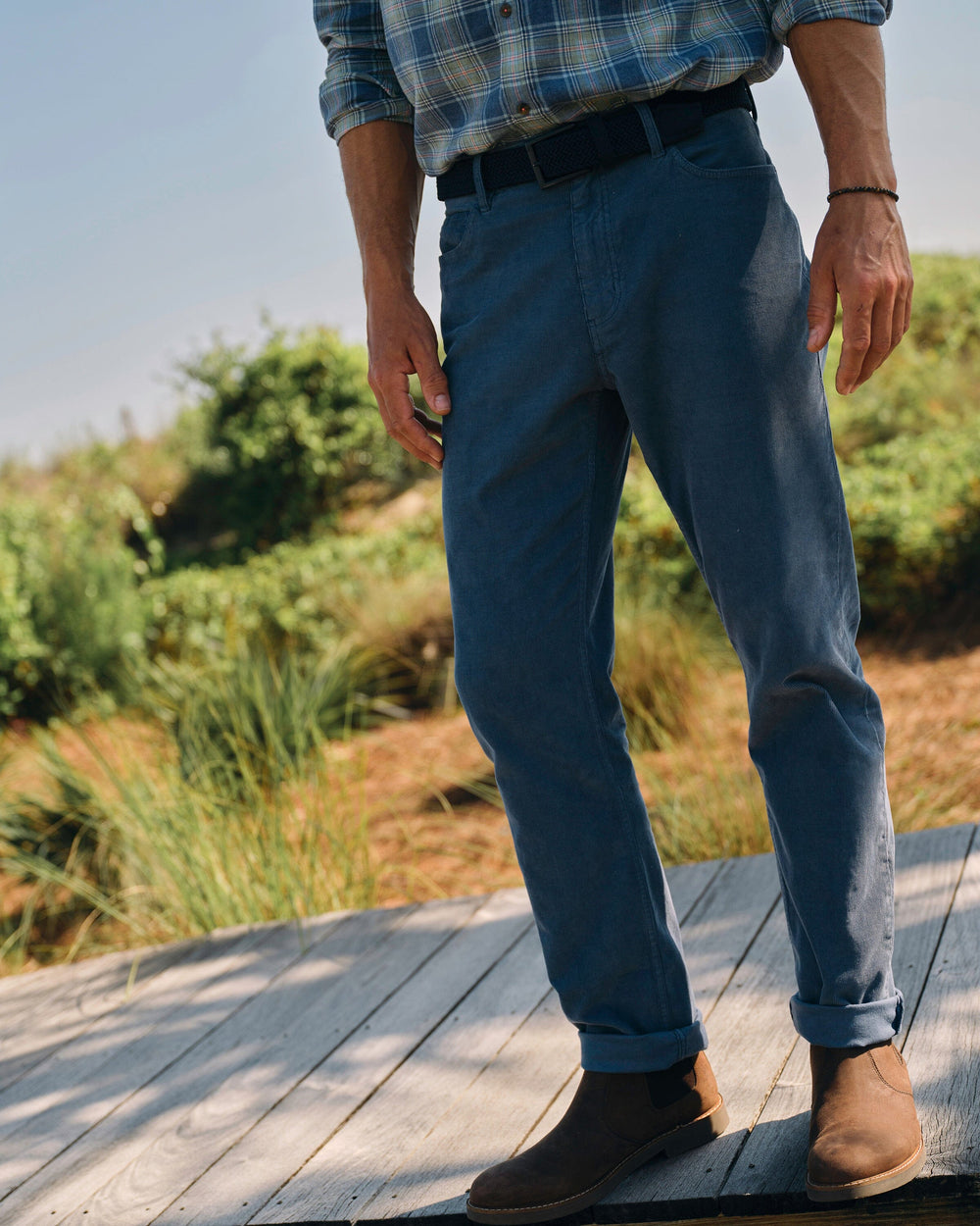 The lifestyle view of the Southern Tide Corduroy Five Pocket Pant by Southern Tide - Blue Haze
