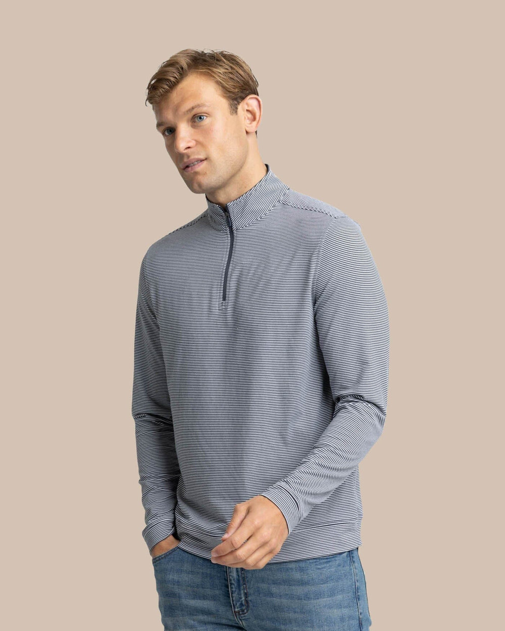 The front view of the Southern Tide Cruiser Micro-Stripe Heather Quarter Zip by Southern Tide - Heather Black