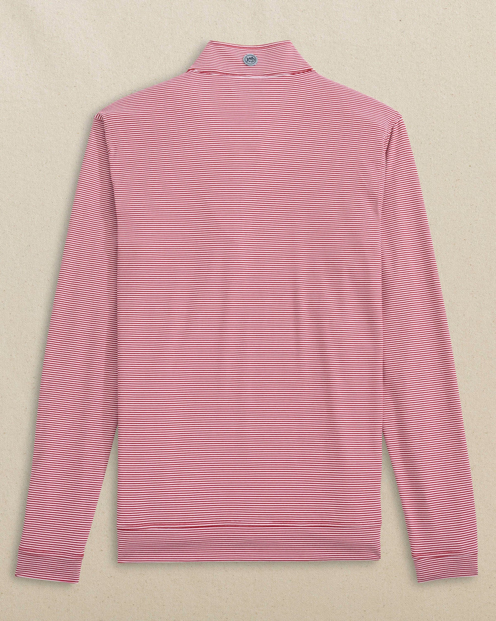 The back view of the Southern Tide Cruiser Micro-Stripe Heather Quarter Zip by Southern Tide - Heather Crimson