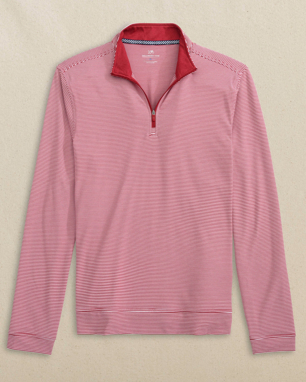 The front view of the Southern Tide Cruiser Micro-Stripe Heather Quarter Zip by Southern Tide - Heather Crimson