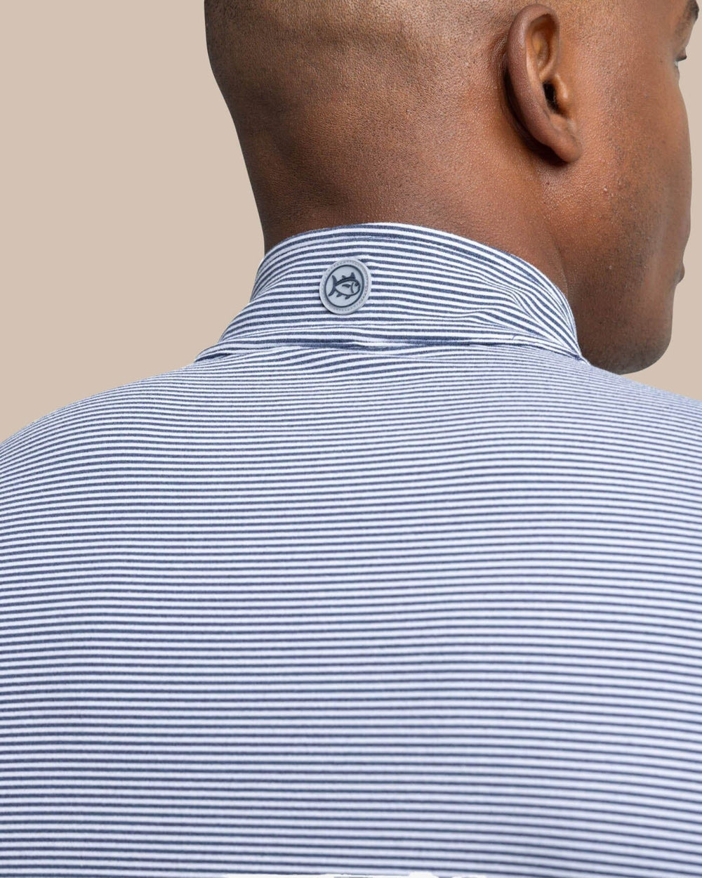The yoke view of the Southern Tide Cruiser Micro-Stripe Heather Quarter Zip by Southern Tide - Heather Navy