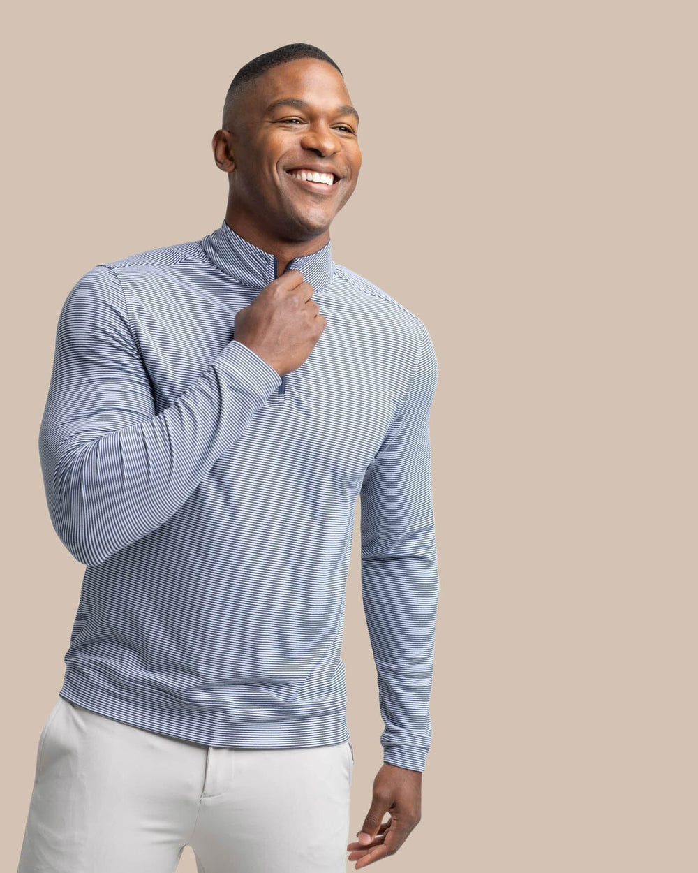 The front view of the Southern Tide Cruiser Micro-Stripe Heather Quarter Zip by Southern Tide - Heather Navy