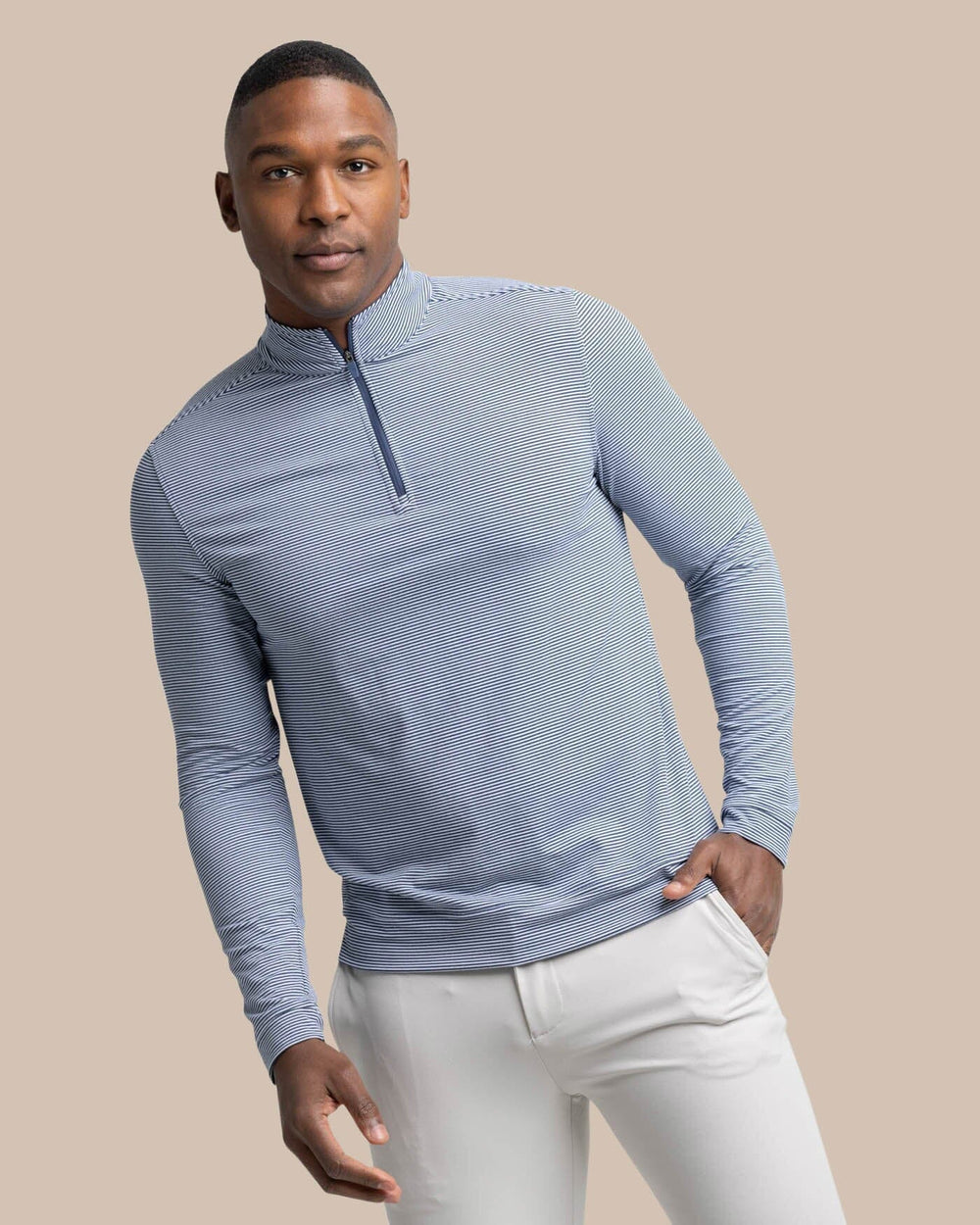 The front view of the Southern Tide Cruiser Micro-Stripe Heather Quarter Zip by Southern Tide - Heather Navy