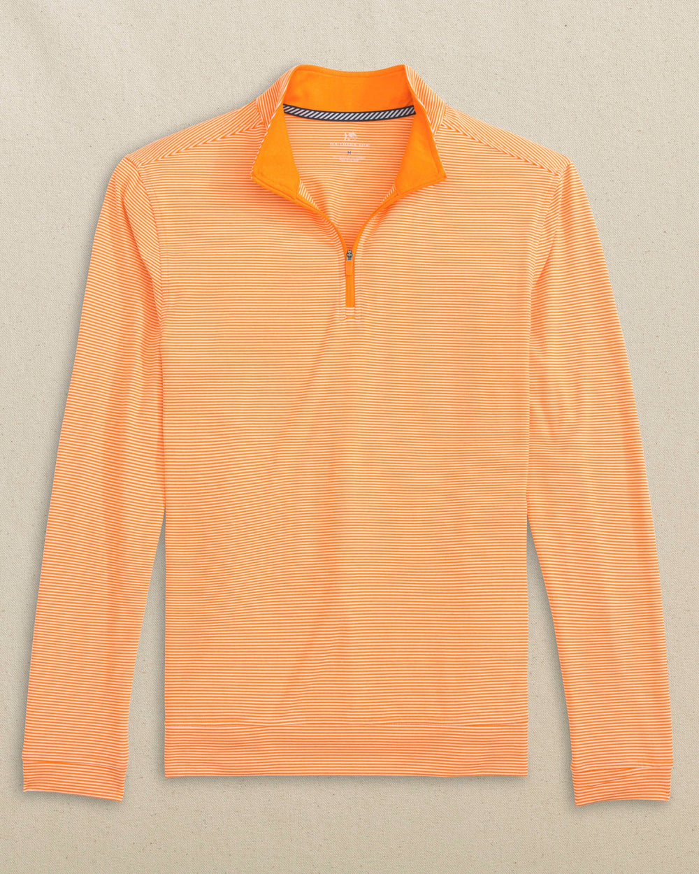 The front view of the Southern Tide Cruiser Micro-Stripe Heather Quarter Zip by Southern Tide - Heather Rocky Top Orange