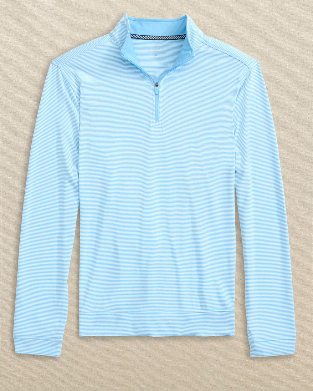 The front view of the Southern Tide Cruiser Micro-Stripe Heather Quarter Zip by Southern Tide - Heather Rush Blue