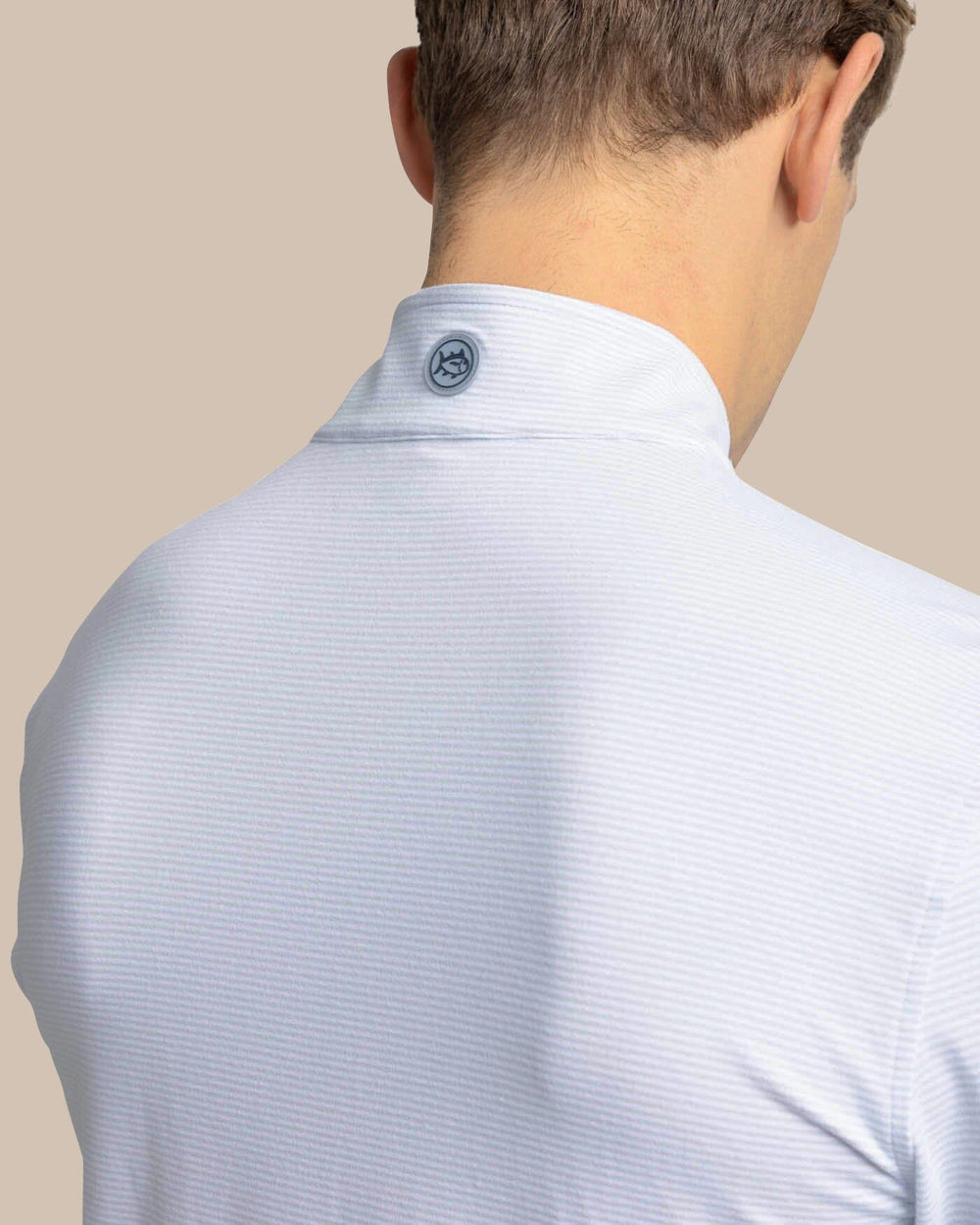 The yoke view of the Southern Tide Cruiser Micro-Stripe Heather Quarter Zip by Southern Tide - Heather Slate Grey