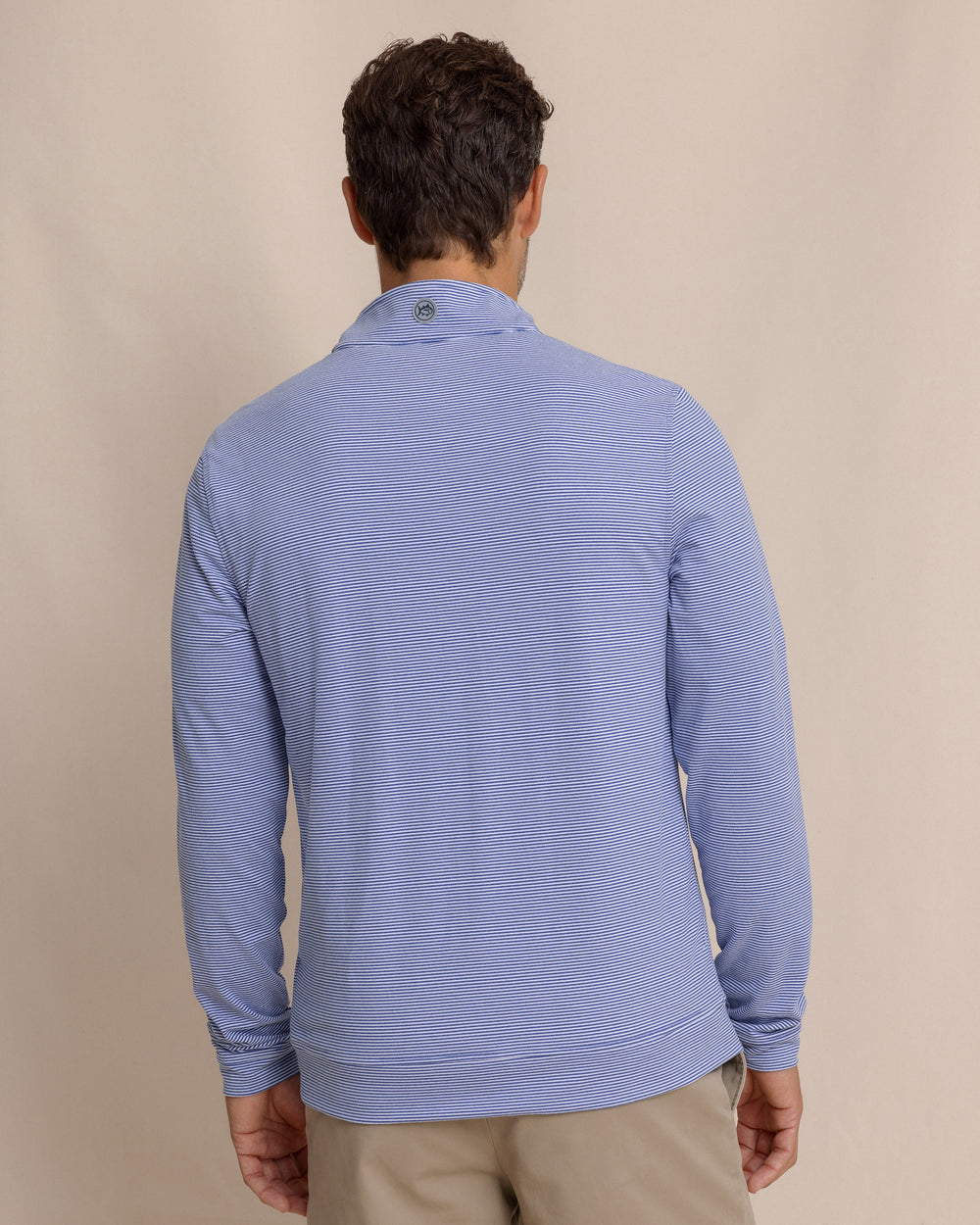 The back view of the Southern Tide Cruiser Micro-Stripe Heather Quarter Zip by Southern Tide - Heather University Blue