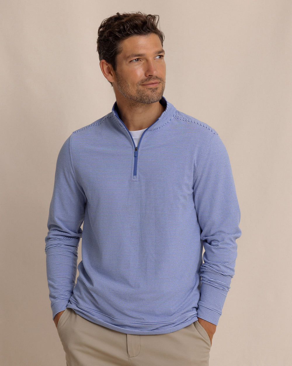 The front view of the Southern Tide Cruiser Micro-Stripe Heather Quarter Zip by Southern Tide - Heather University Blue