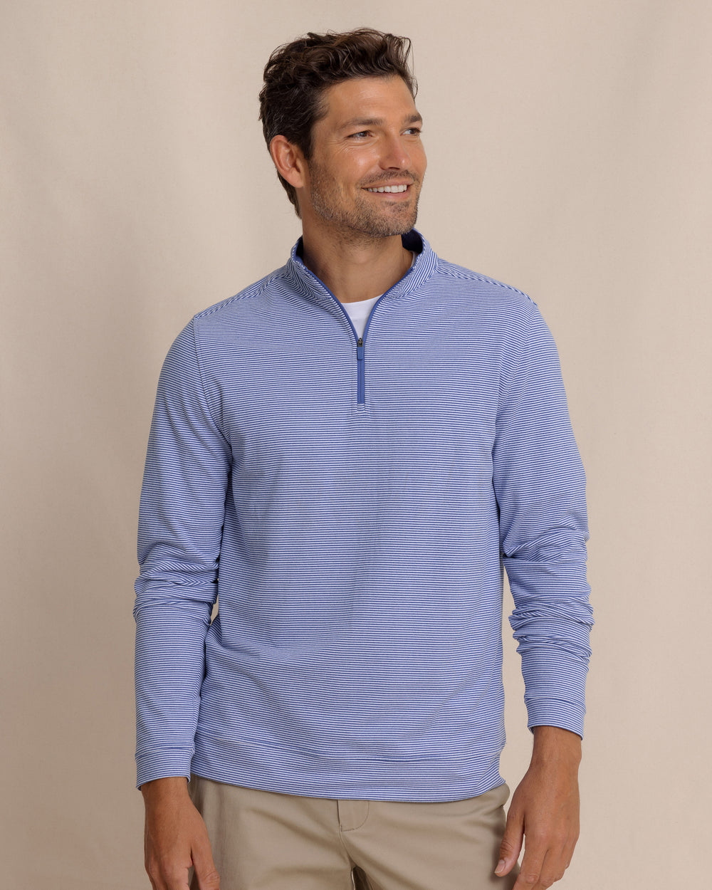 The front view of the Southern Tide Cruiser Micro-Stripe Heather Quarter Zip by Southern Tide - Heather University Blue
