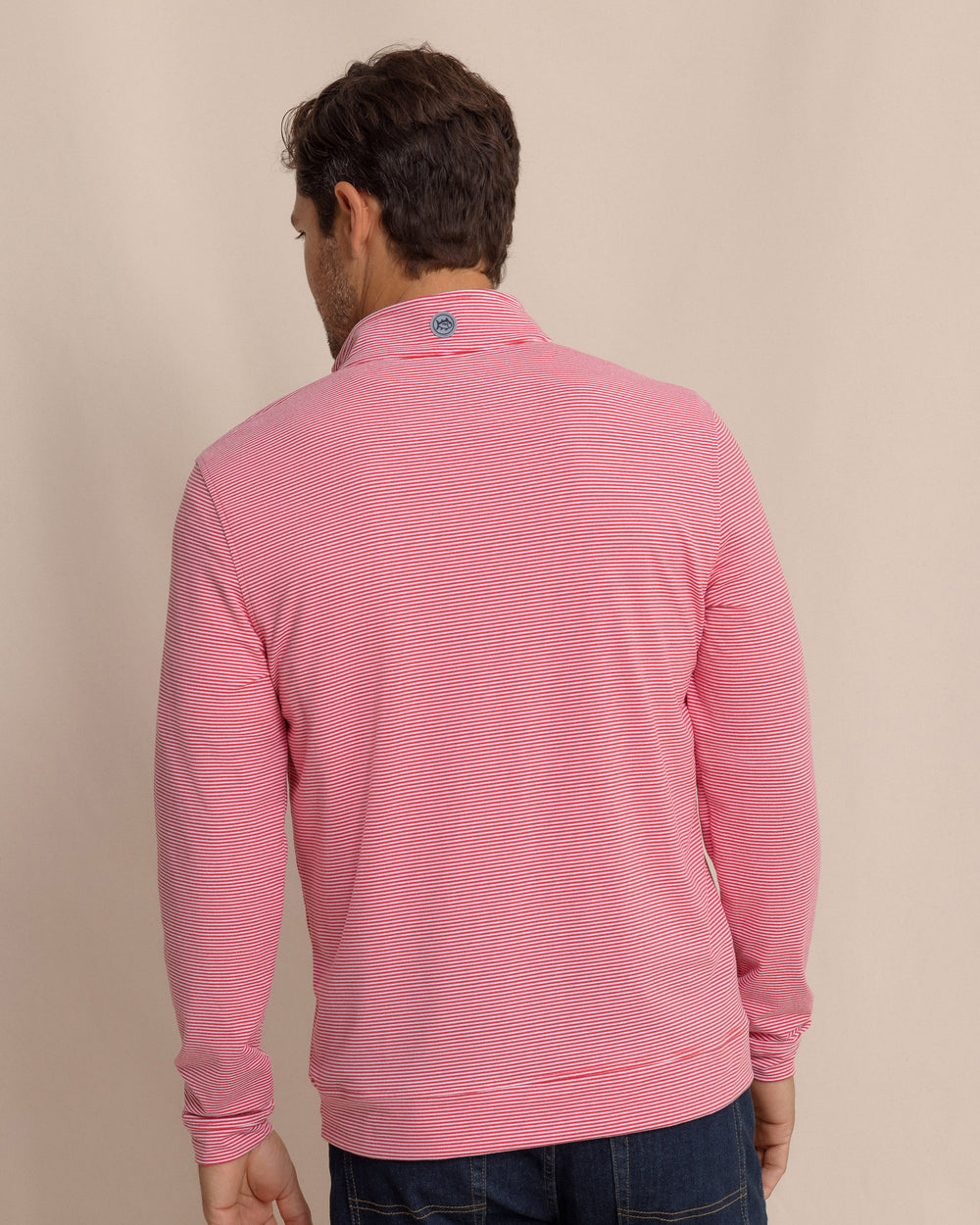 The back view of the Southern Tide Cruiser Micro-Stripe Heather Quarter Zip by Southern Tide - Heather Varsity Red