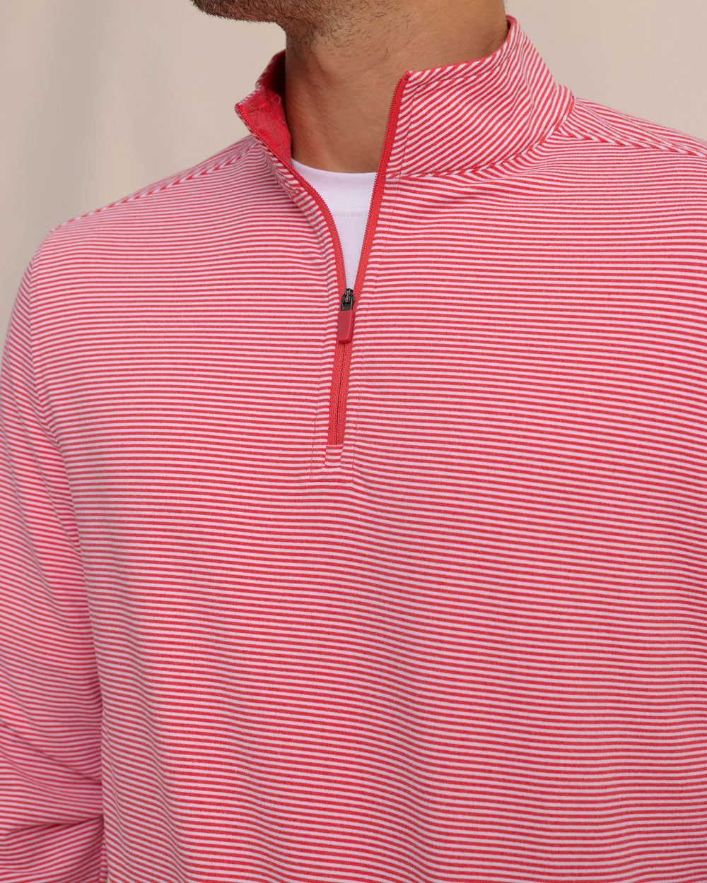 The detail view of the Southern Tide Cruiser Micro-Stripe Heather Quarter Zip by Southern Tide - Heather Varsity Red