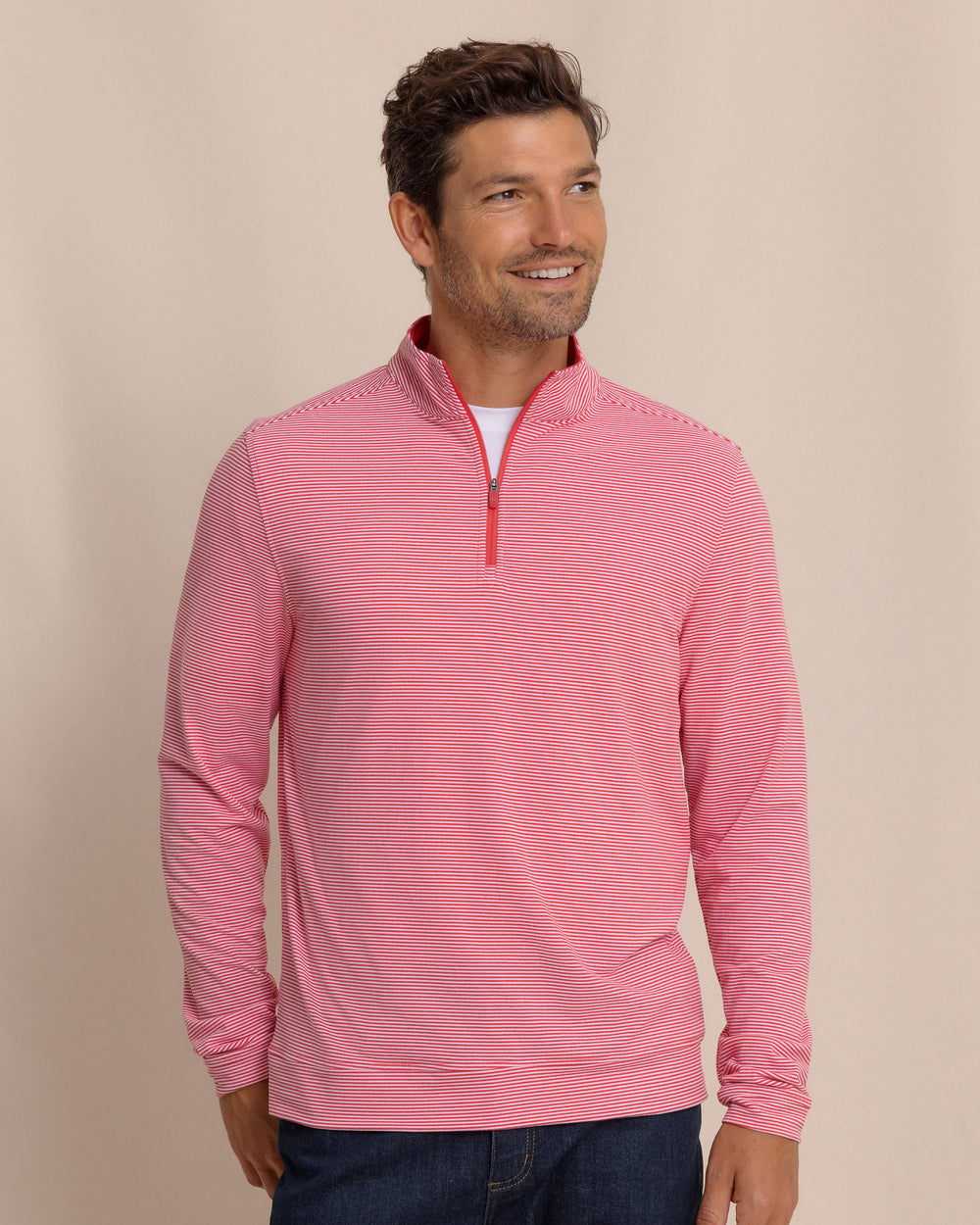 The front view of the Southern Tide Cruiser Micro-Stripe Heather Quarter Zip by Southern Tide - Heather Varsity Red