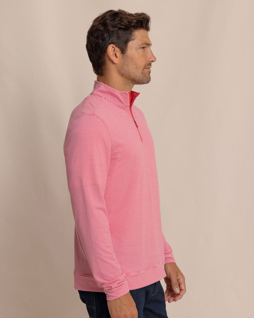 The side view of the Southern Tide Cruiser Micro-Stripe Heather Quarter Zip by Southern Tide - Heather Varsity Red
